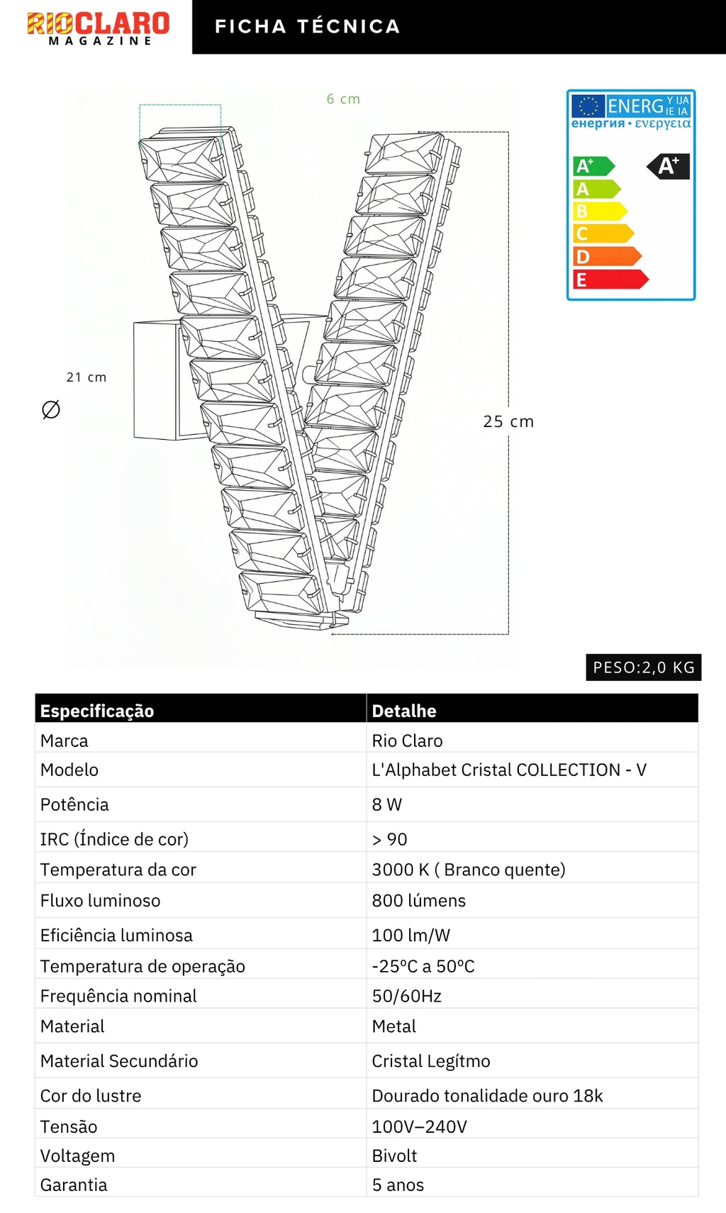 Arandela Parede Cristal Dourada Led Letras Alfabeto A - Z