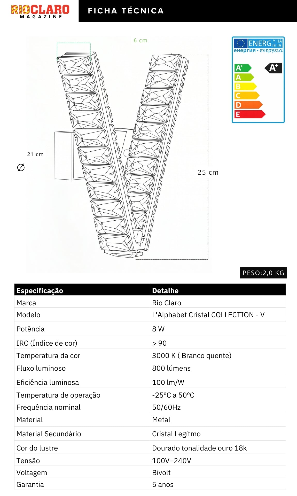 Arandela Parede Cristal Dourada Led Letras Alfabeto A - Z