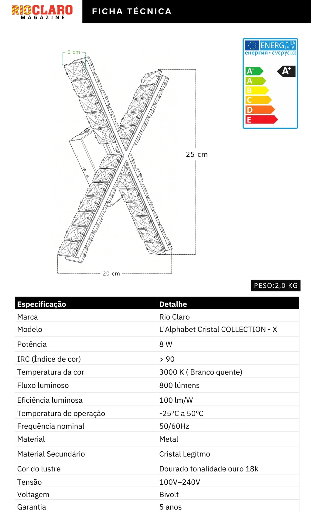 Arandela Parede Cristal Dourada Led Letras Alfabeto A - Z