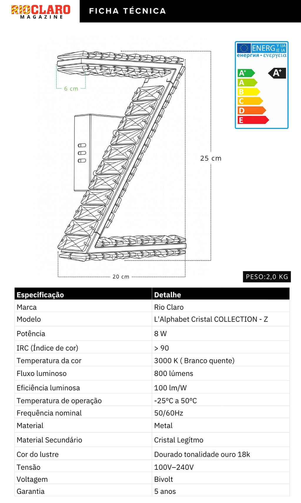 Arandela Parede Cristal Dourada Led Letras Alfabeto A - Z
