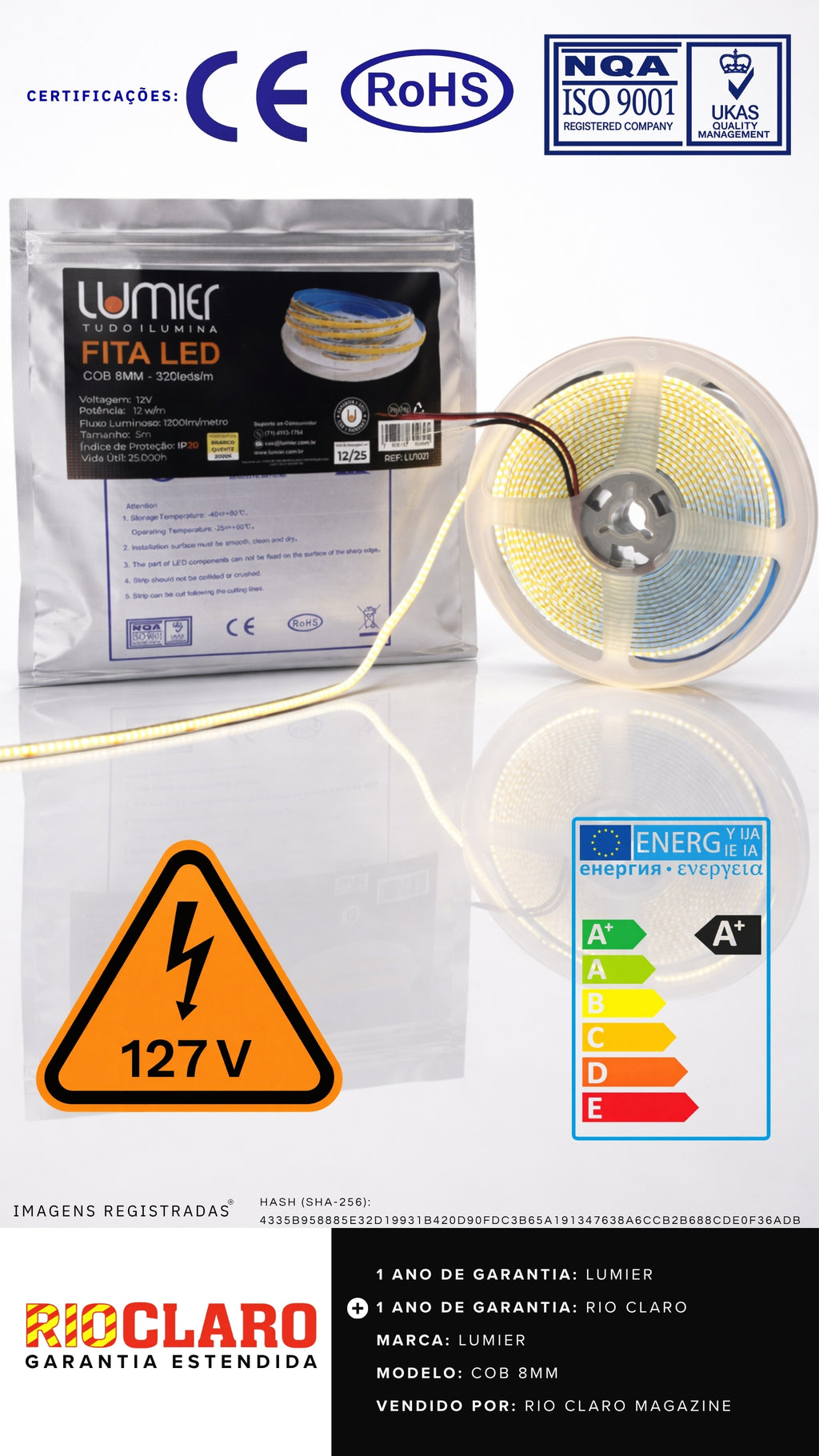 Fita Led Cob 5m 12v 8mm 320 Leds Por Metro 3000k Branco Quente