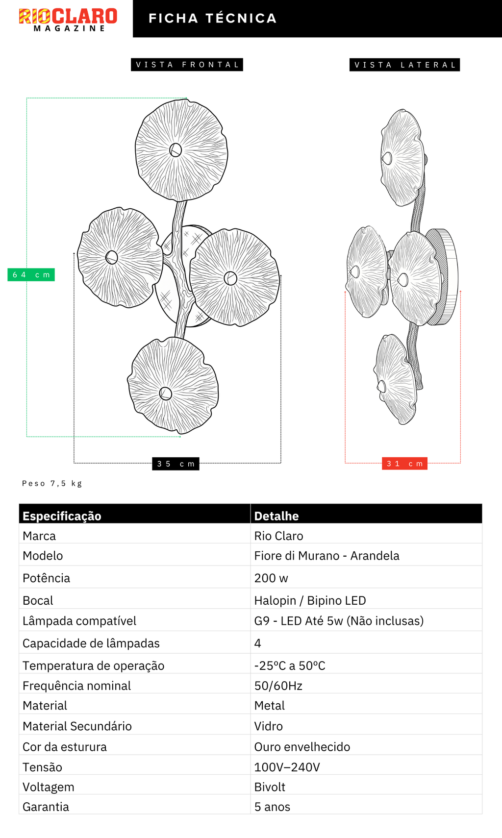 Arandela Dourada Fiore Di Murano - Design Orgânico