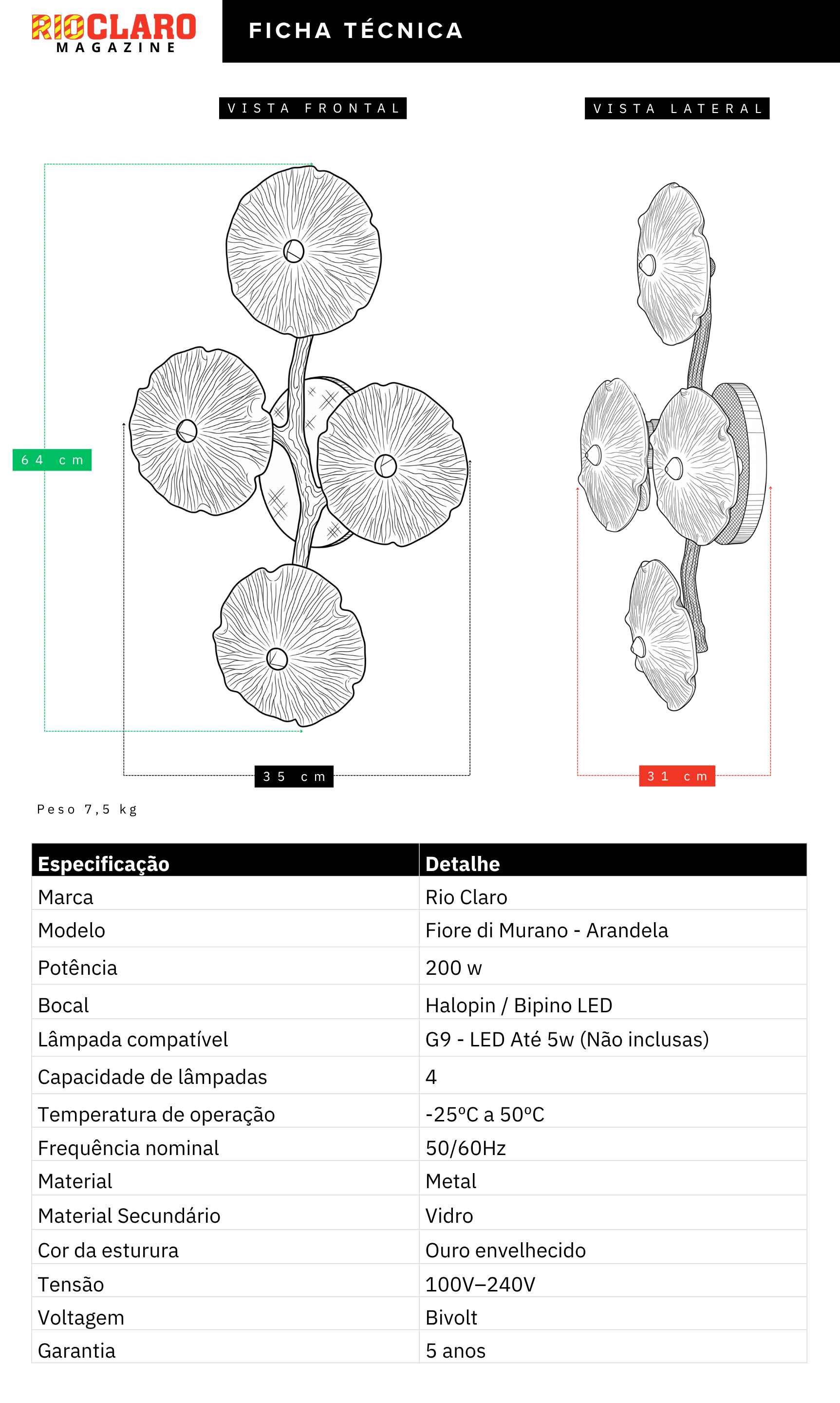 Arandela Dourada Fiore Di Murano - Design Orgânico