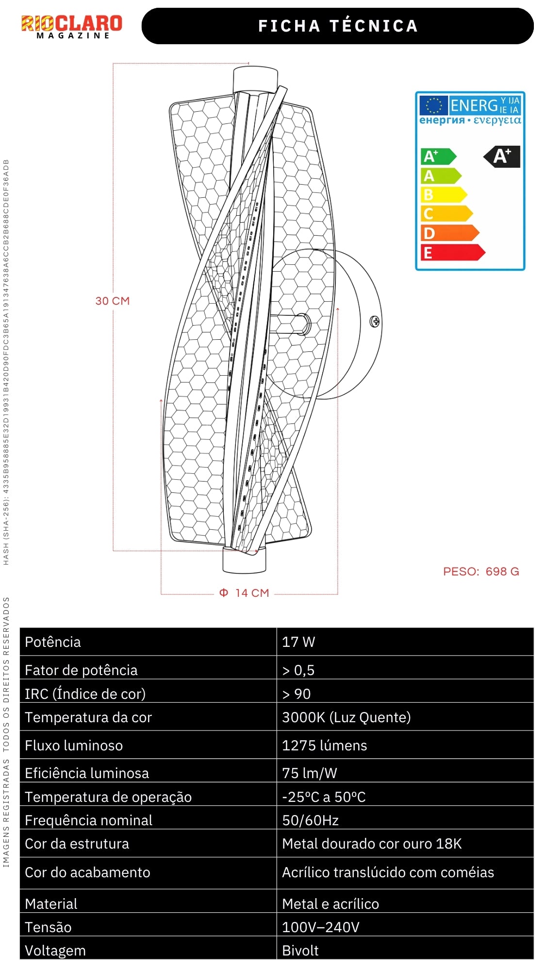 Arandela Led Moderna Espiral Dourada 17w Luz Quente Bivolt