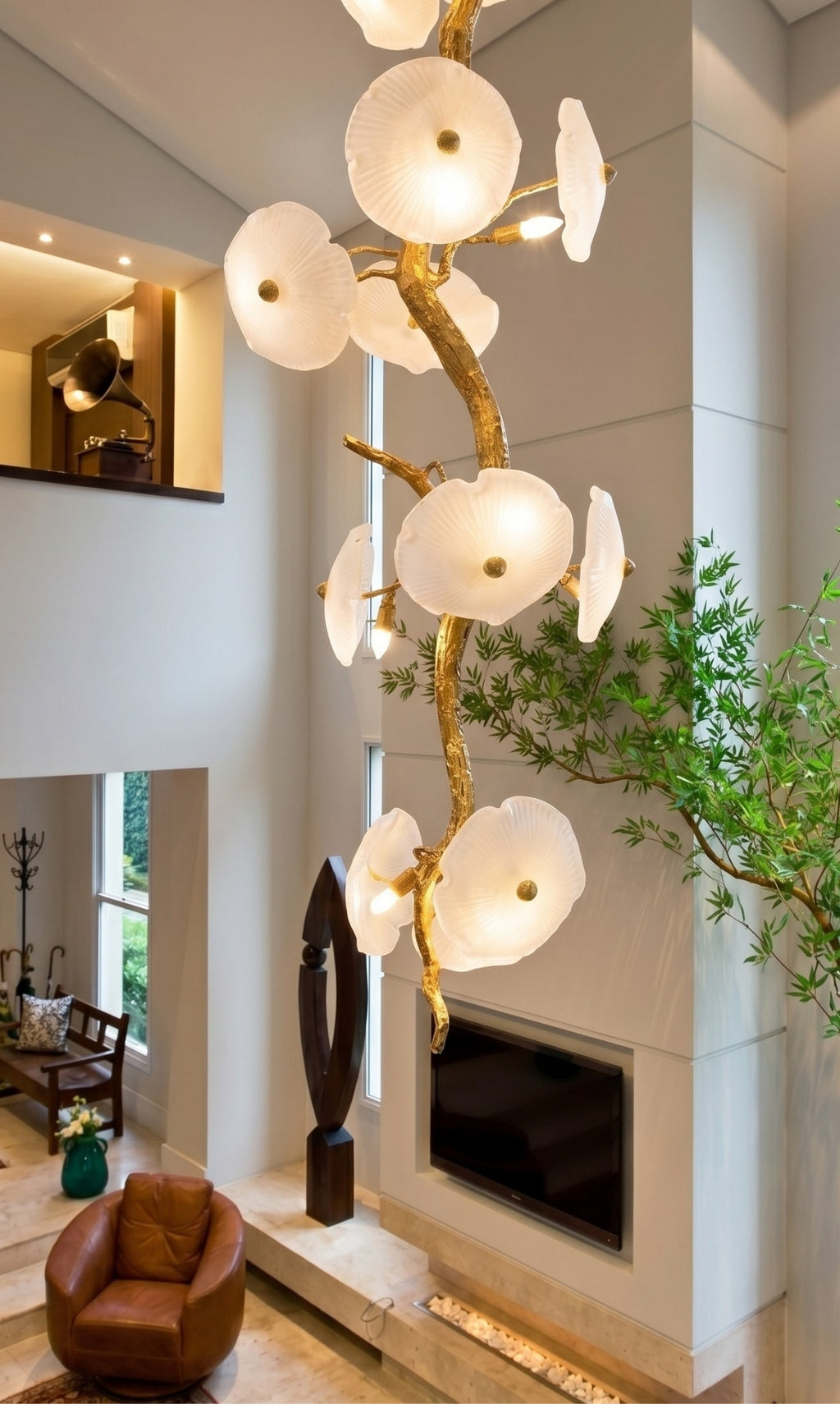 Lustre Pendente Vertical Fiore Di Murano Ouro Envelhecido
