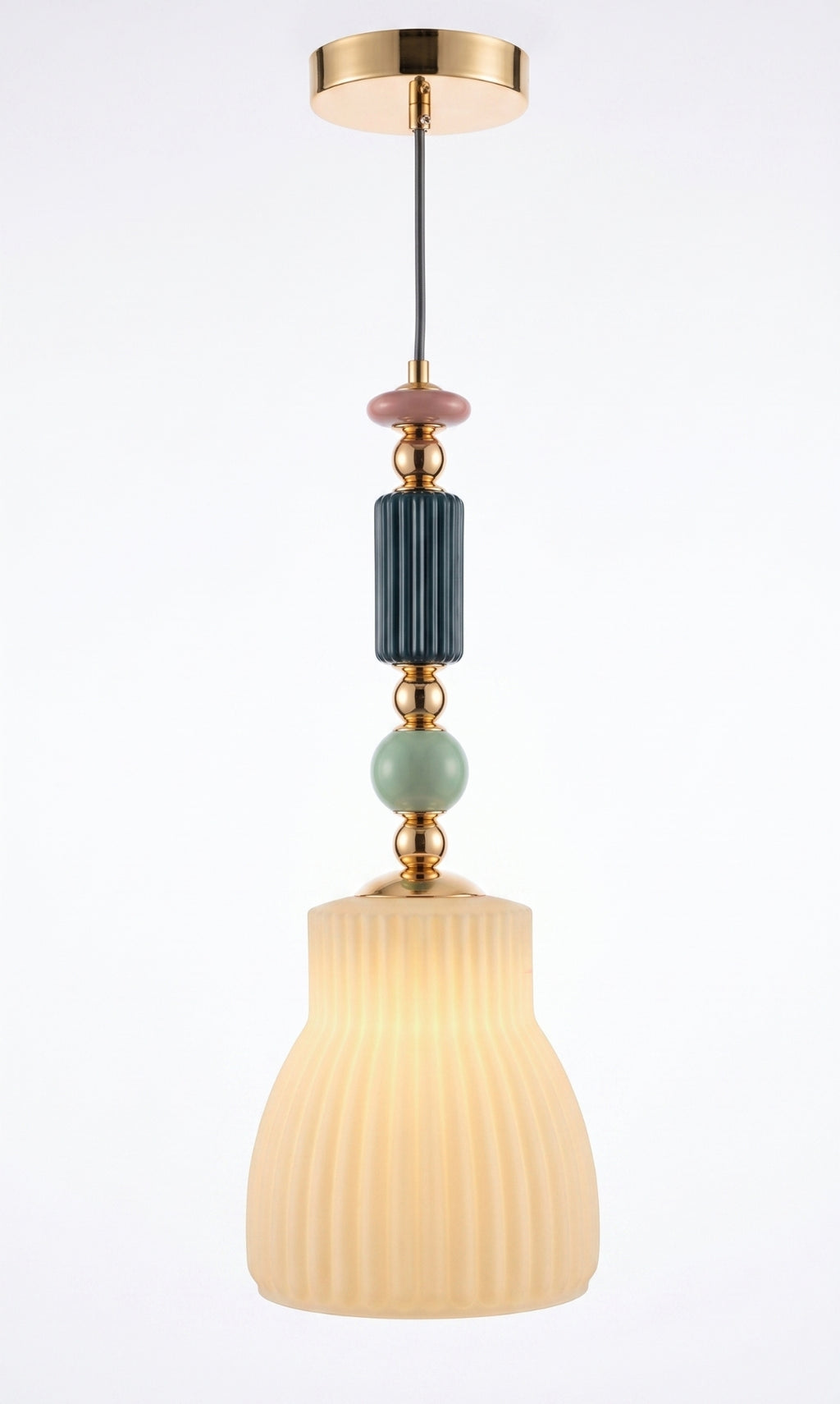 Luminária Pendente Dourado Vidro Branco e Cerâmica Tulipa