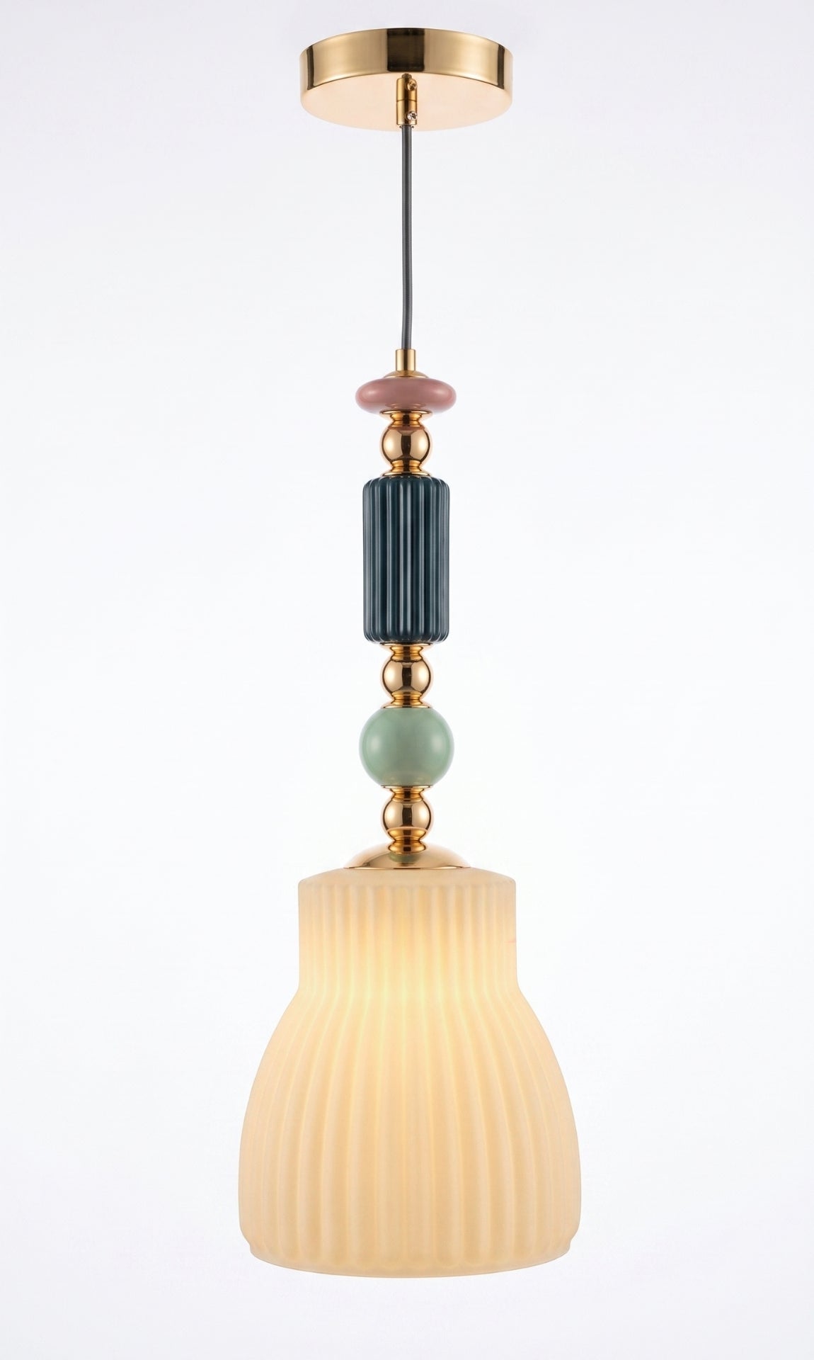 Luminária Pendente Dourado Vidro Branco e Cerâmica Tulipa