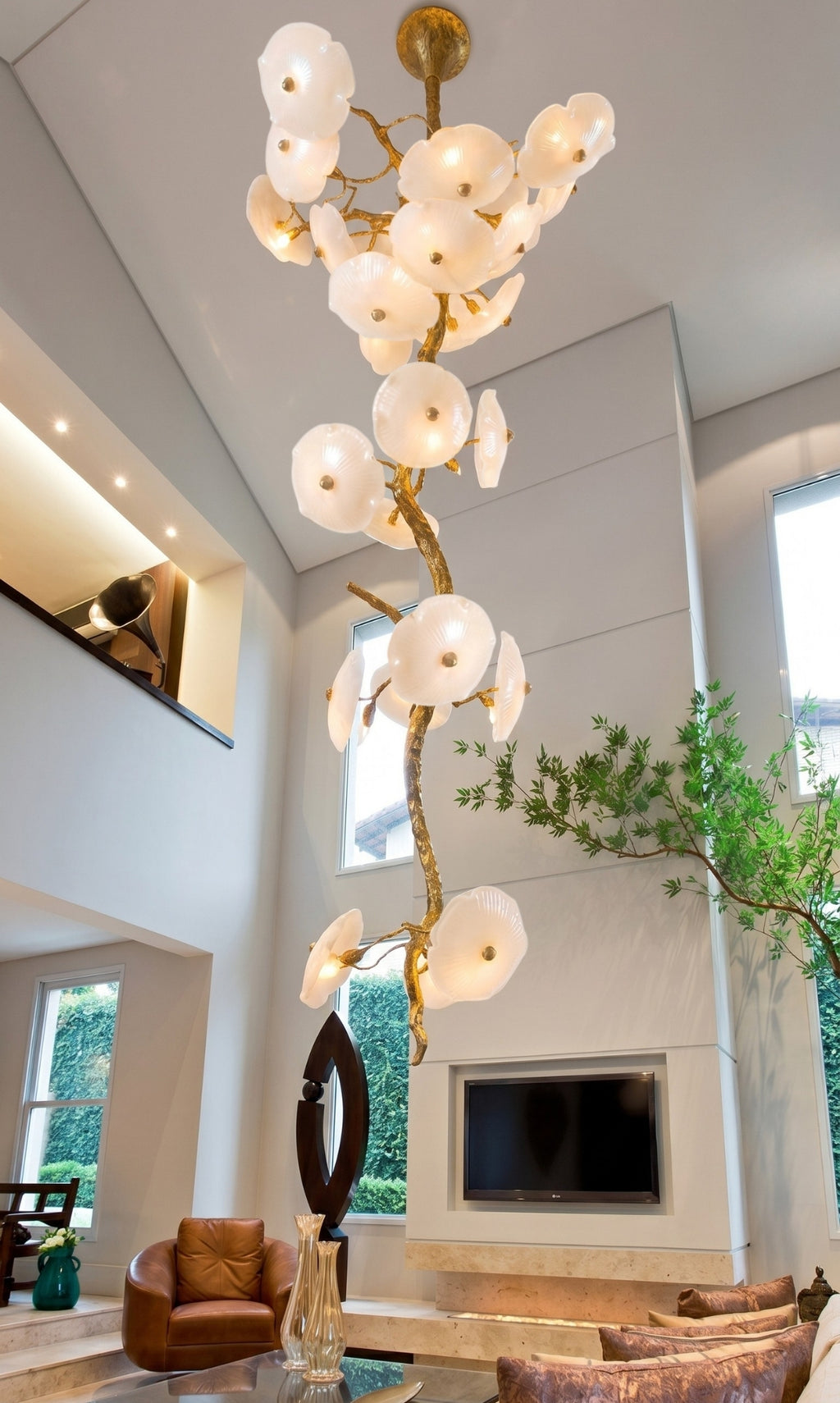 Lustre Pendente Vertical Fiore Di Murano Ouro Envelhecido