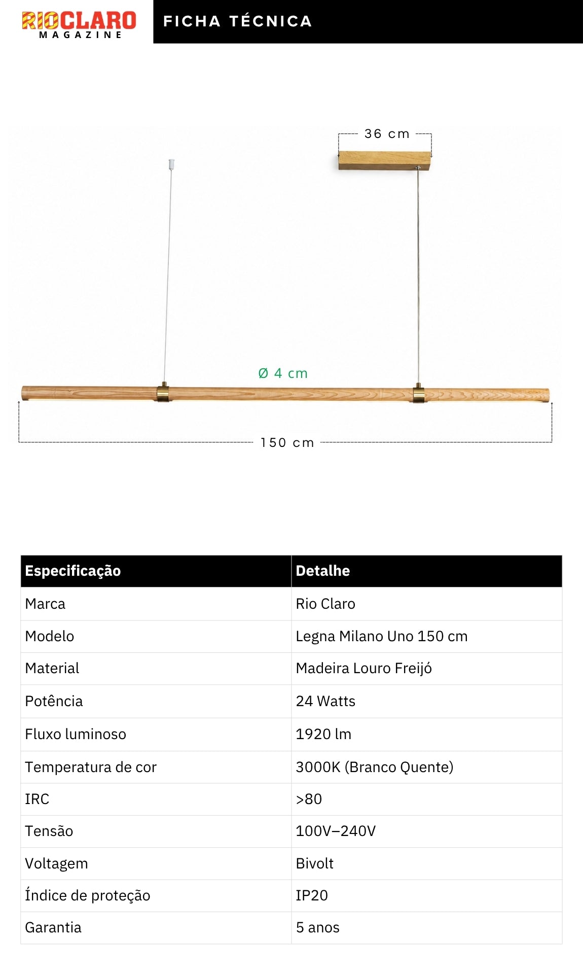Pendente Linear Madeira Louro Freijó 150cm LED 24W Legna Milano Uno