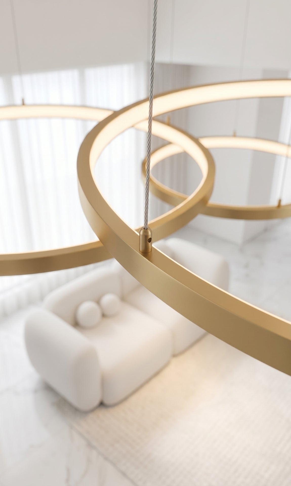 Lustre Pendente LED 3 Anéis Dourado Pé Direito Duplo 112w