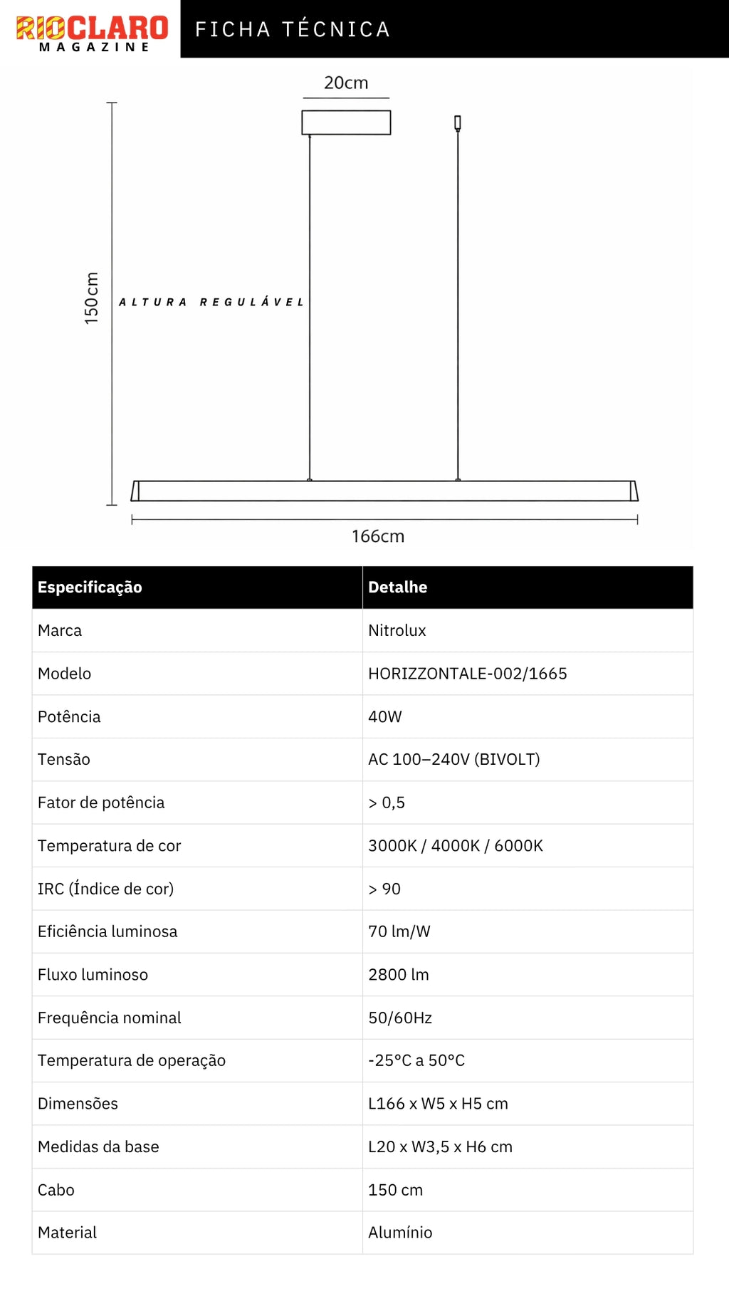 Pendente Linear Pienza Horizzontale II Retangular 166cm Led Integrado Nitrolux