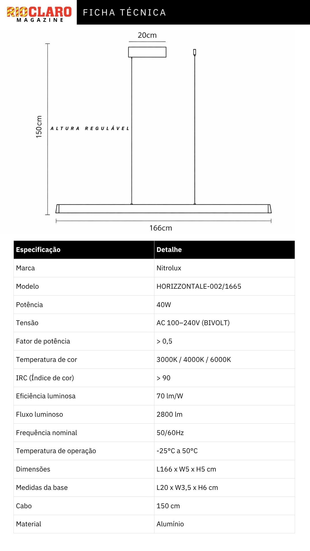 Pendente Linear Pienza Horizzontale II Retangular 166cm Led Integrado Nitrolux