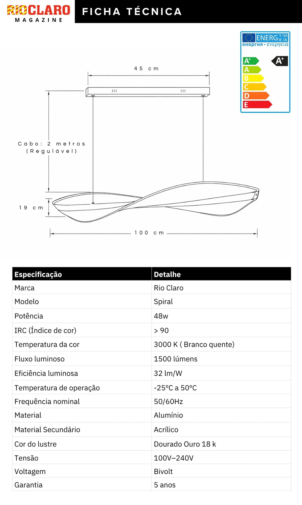 Pendente Lustre LED Moderno Espiral Dourado 100cm 48w
