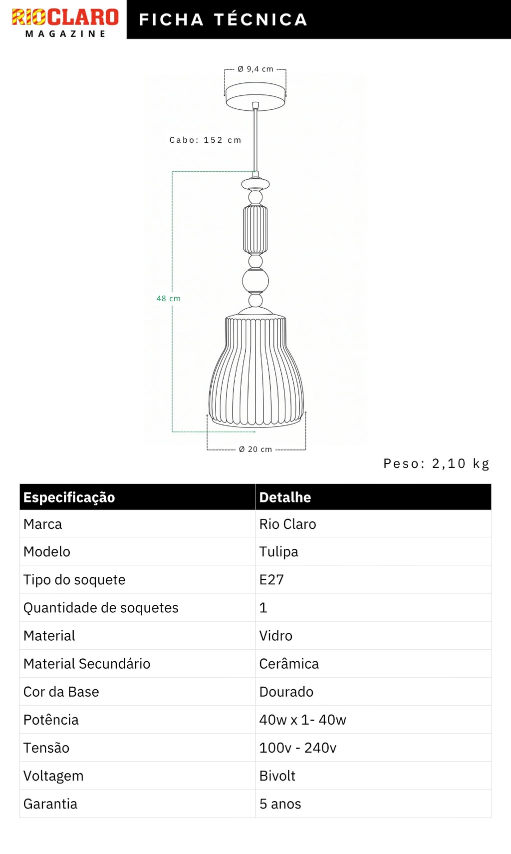 Luminária Pendente Dourado Vidro Branco e Cerâmica Tulipa
