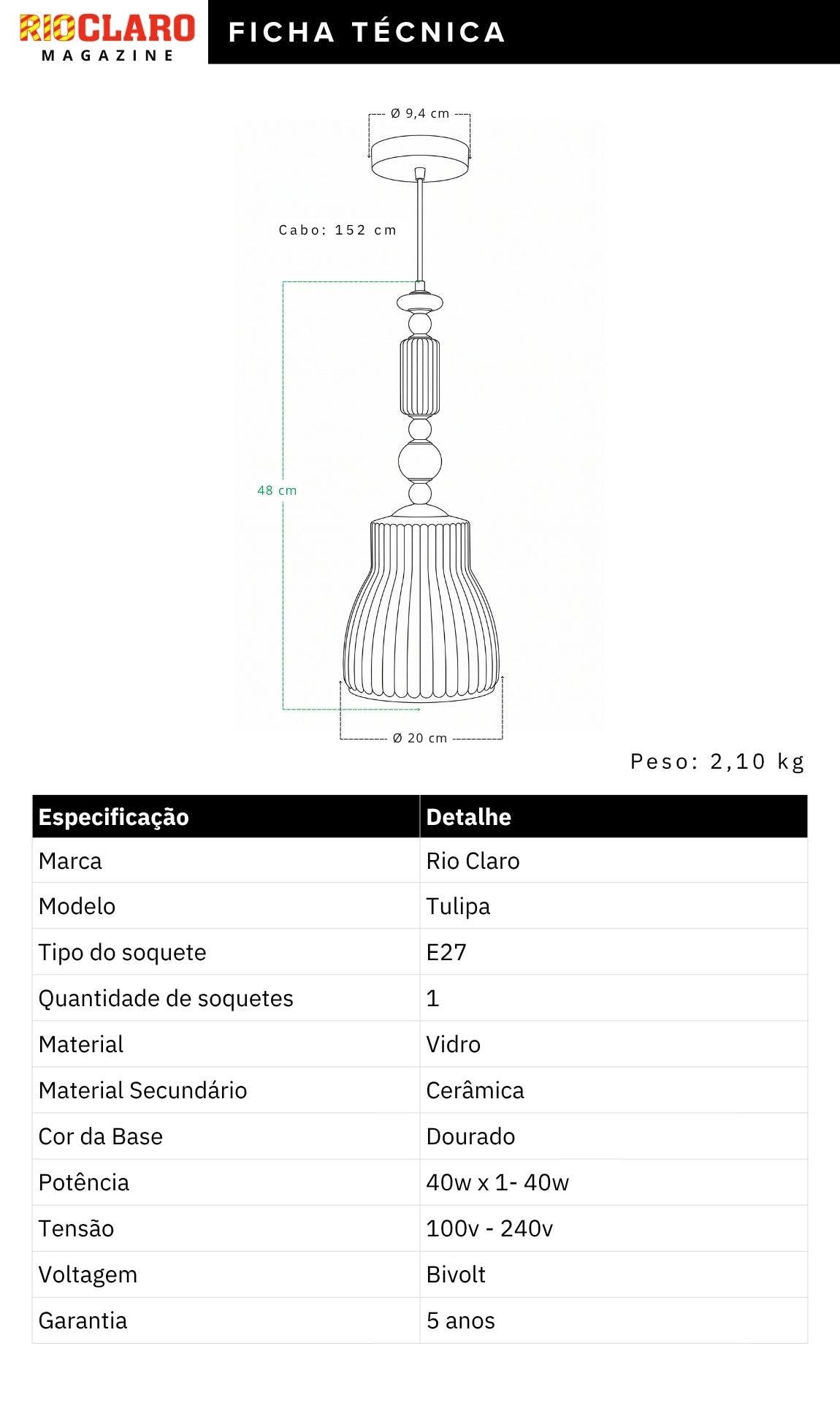 Luminária Pendente Dourado Vidro Branco e Cerâmica Tulipa