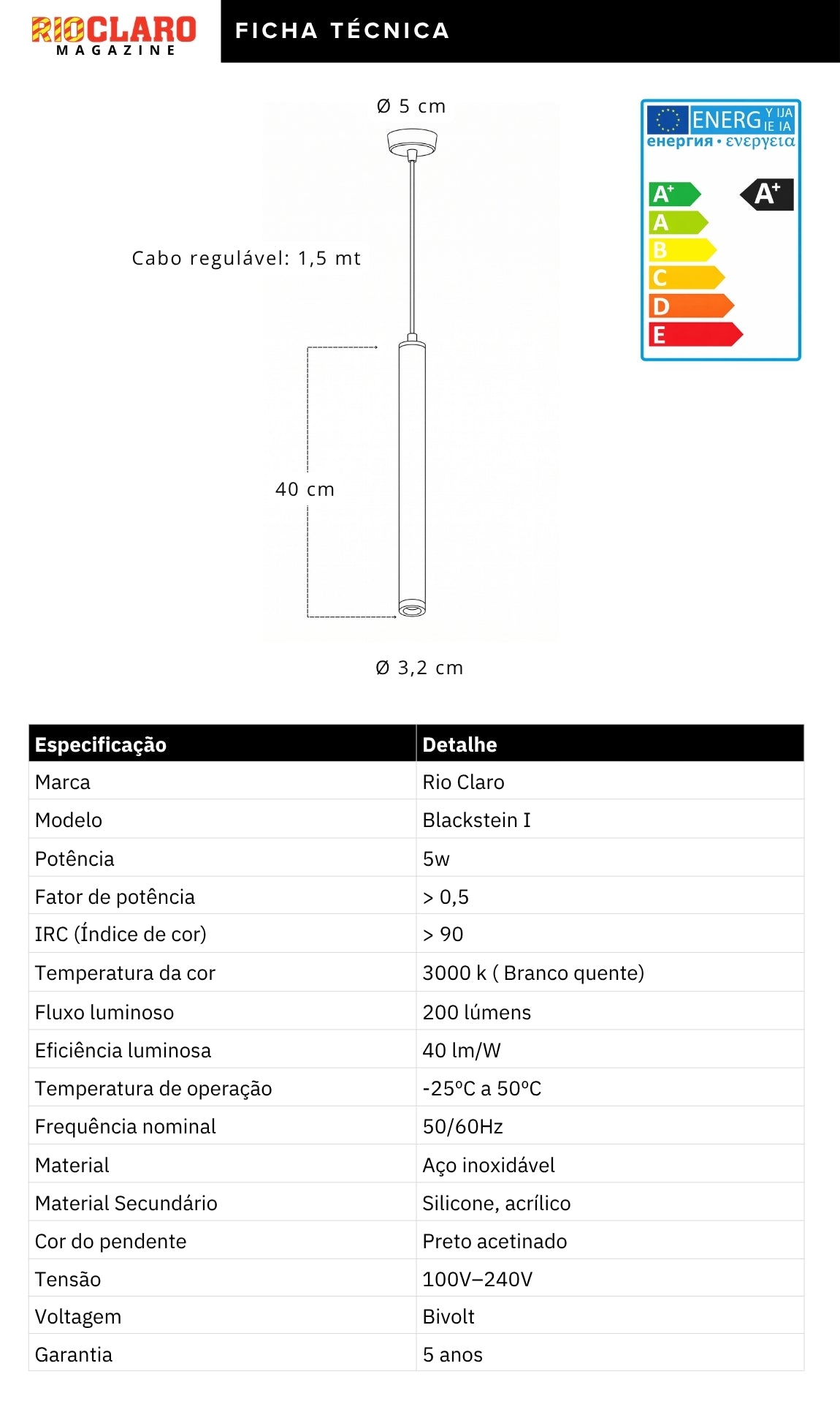 Luminária Pendente Led 5w Tubo Cilindro Preto 40cm 3000k