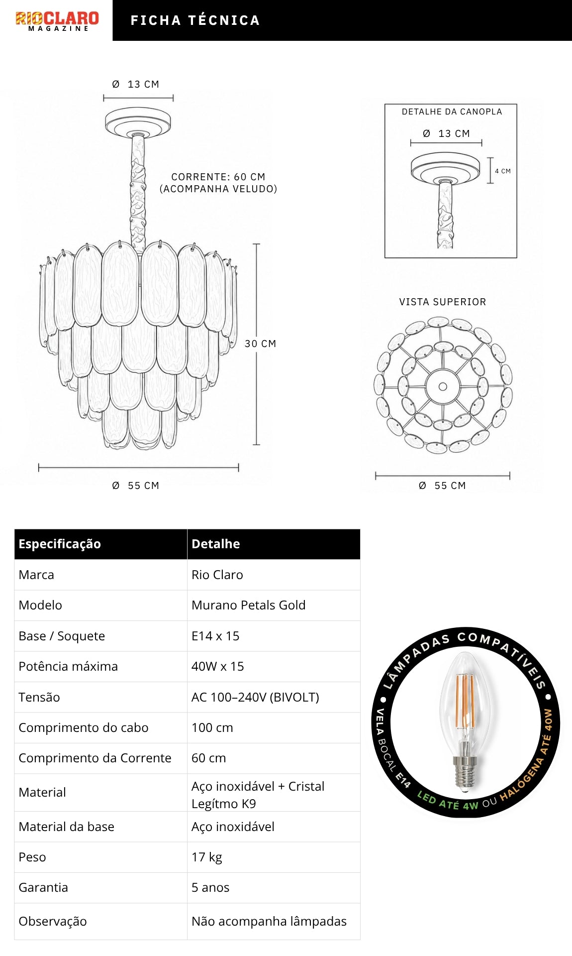 Lustre Murano Petals 55cm Cristal K9 Inox Gold E14 Sala Jantar Alto Padrão