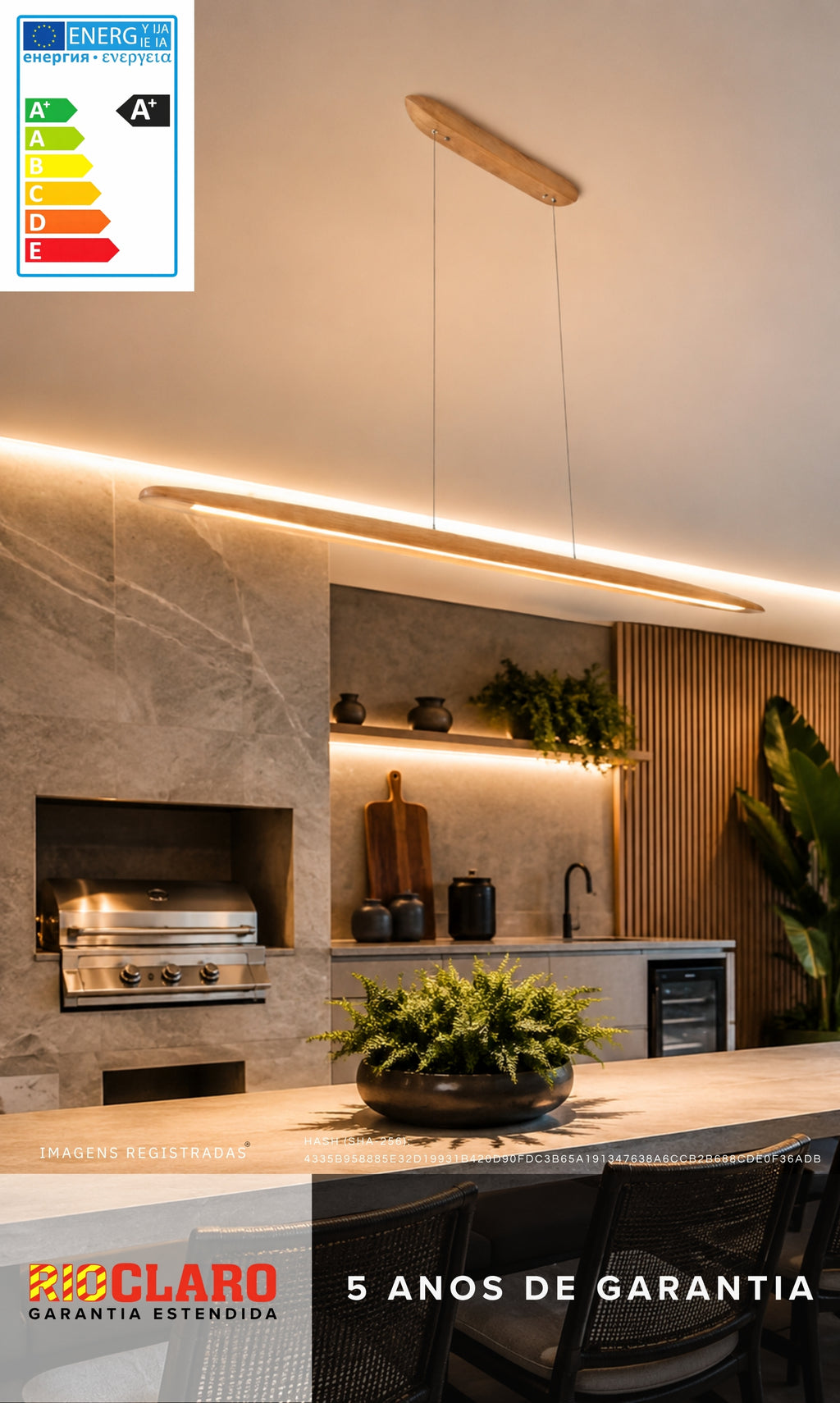 Pendente Linear Madeira Louro Freijó 150cm LED 24W Legna Milano Gourmet Bancada