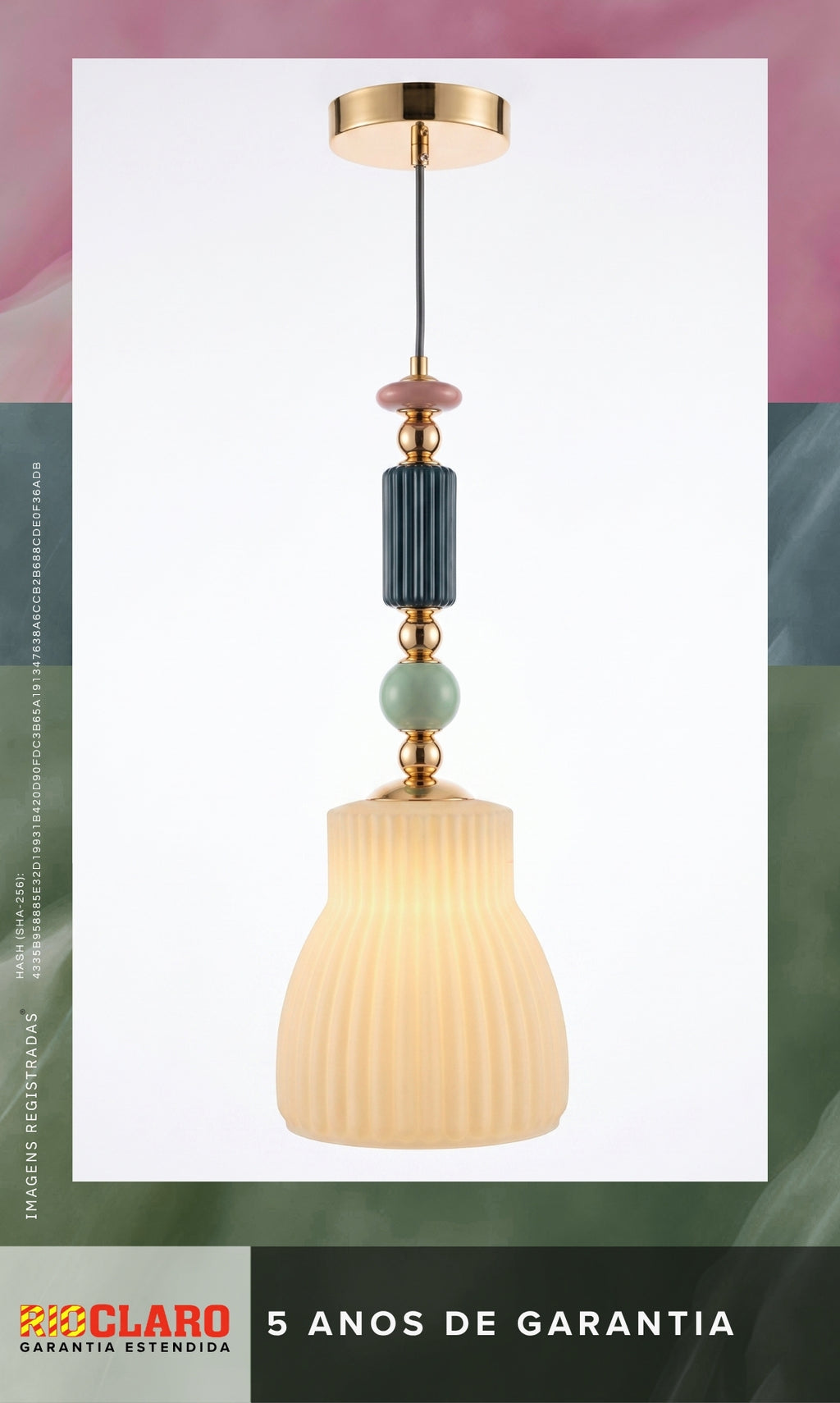 Luminária Pendente Dourado Vidro Branco e Cerâmica Tulipa