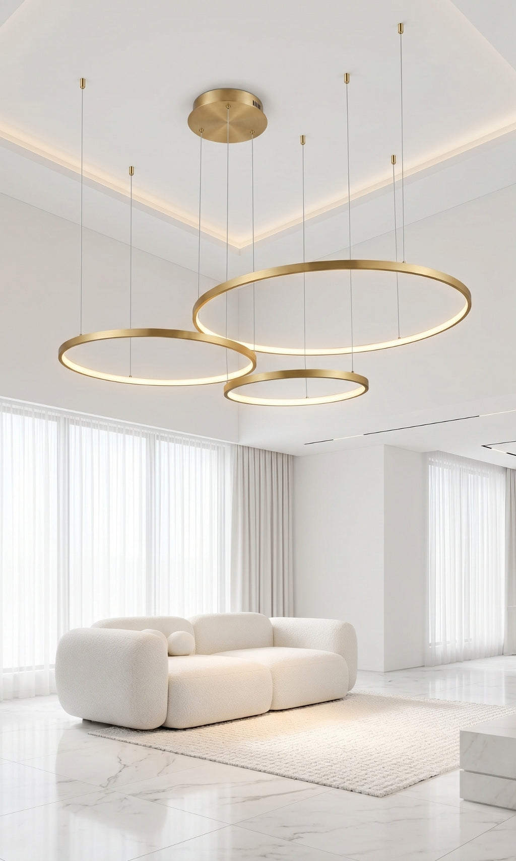 Lustre Pendente LED 3 Anéis Dourado Pé Direito Duplo 112w