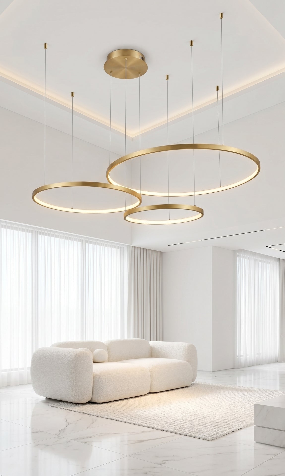 Lustre Pendente LED 3 Anéis Dourado Pé Direito Duplo 112w