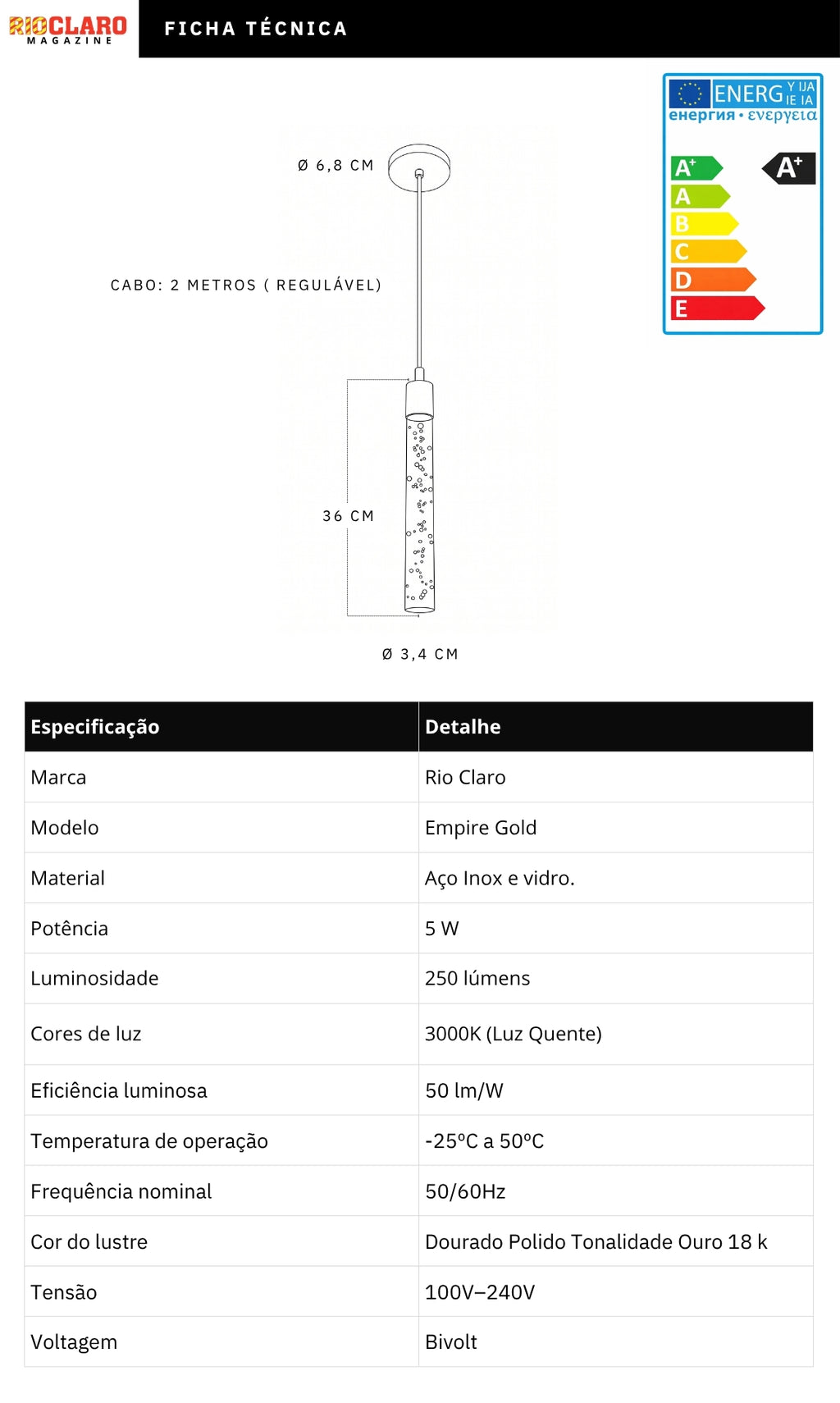 Pendente Cilindro Dourado Led Integrado Empire Gold