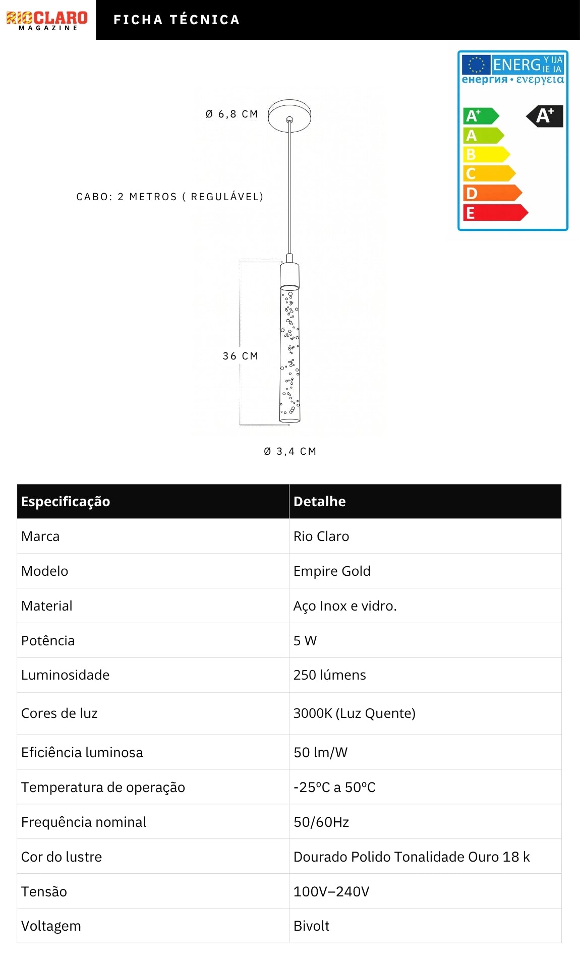 Pendente Cilindro Dourado Led Integrado Empire Gold
