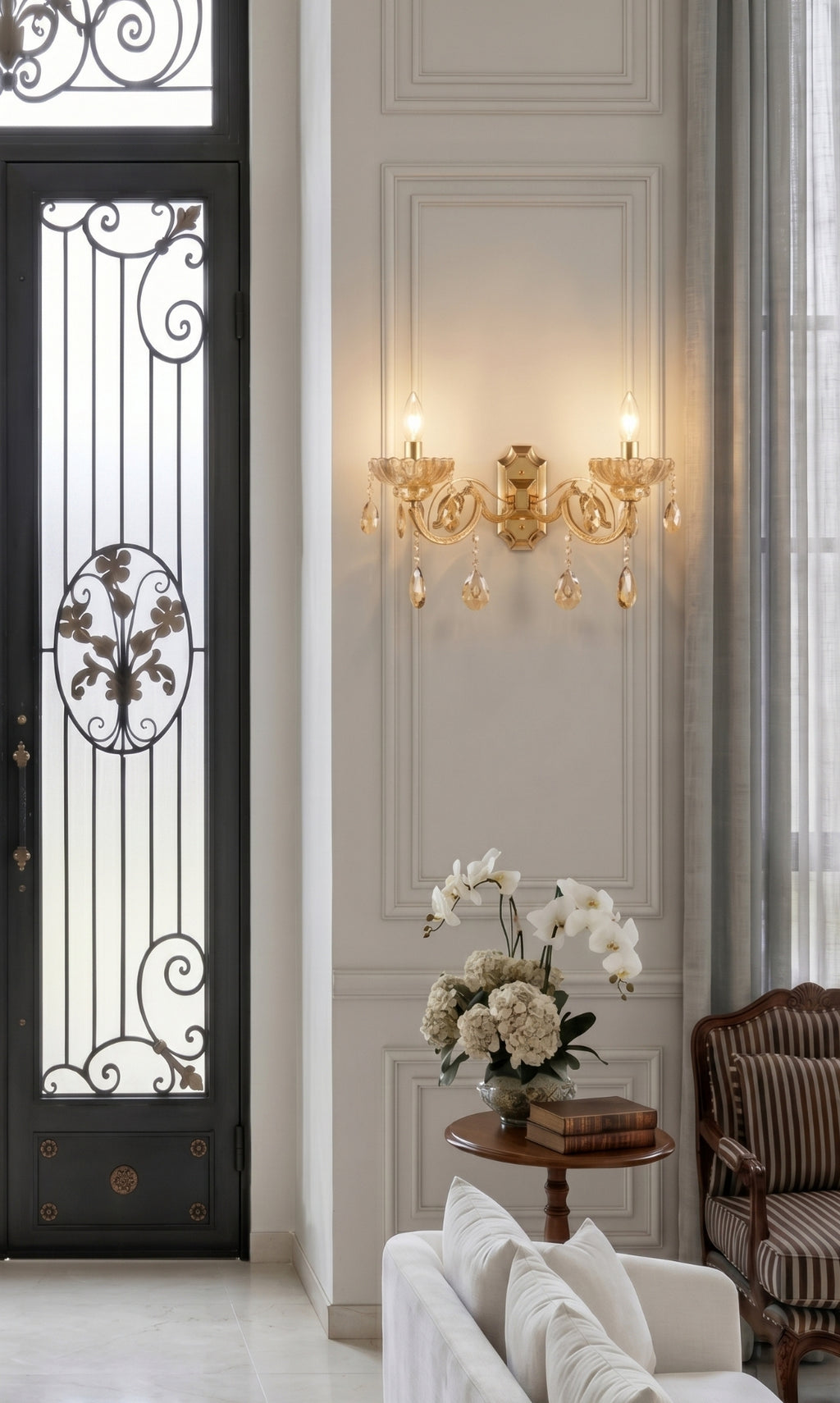 Arandela De Parede Cristal K9 Âmbar Hanôver III Candelabro 2 Braços