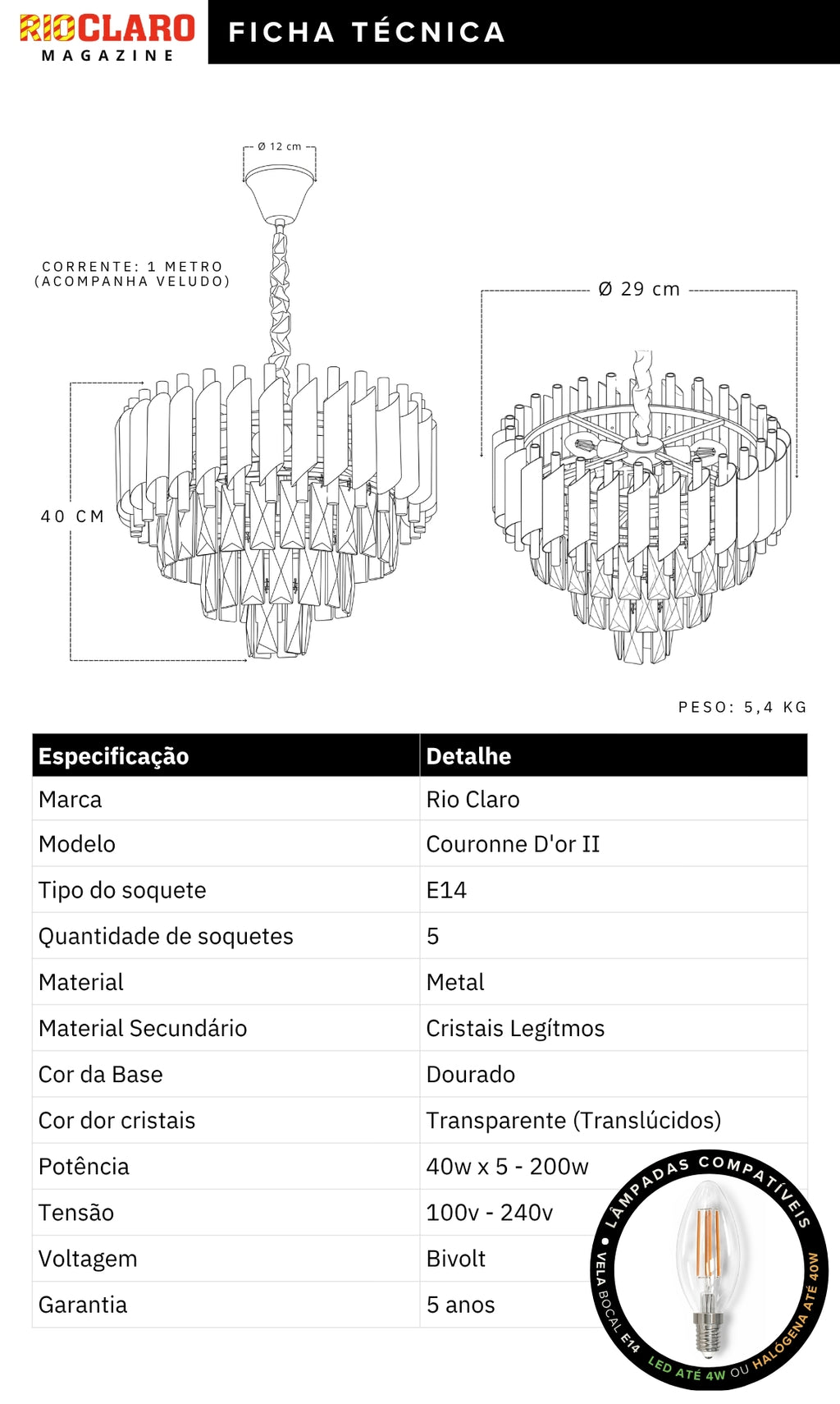 Lustre Pendente Cristal Legítimo Dourado Couronne D'or II