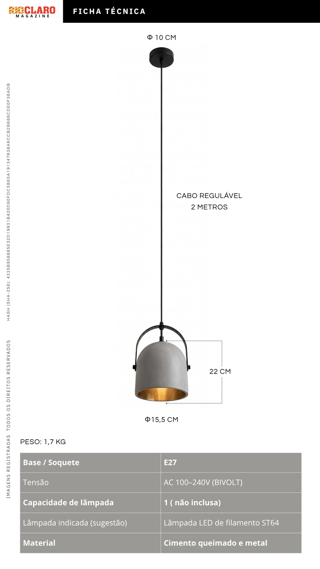 Luminária Pendente Design Industrial Concreto Cimento Queimado E27 Bivolt