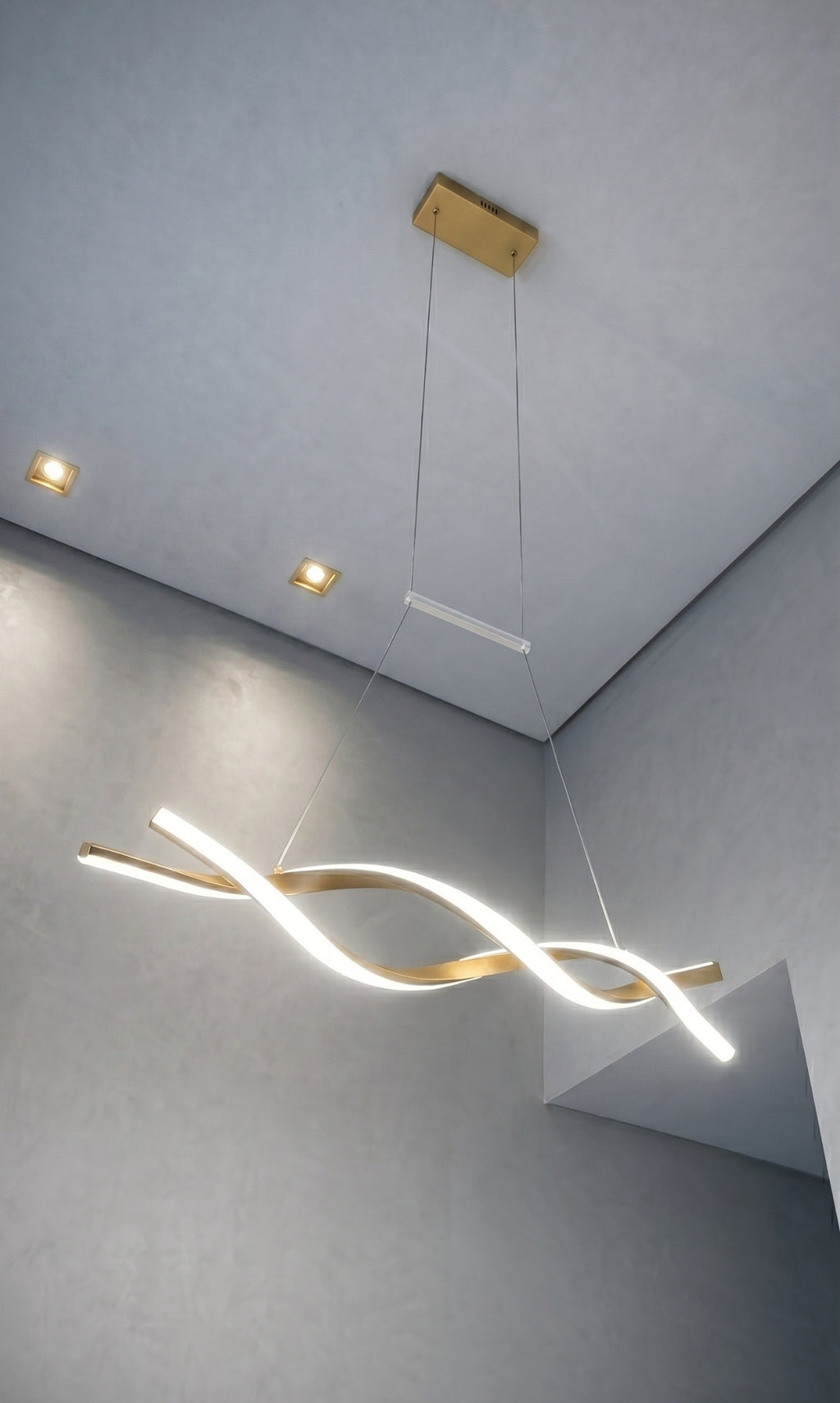 Lustre Pendente Led Dourado Ondas Dna 44w 3 Cores Bivolt