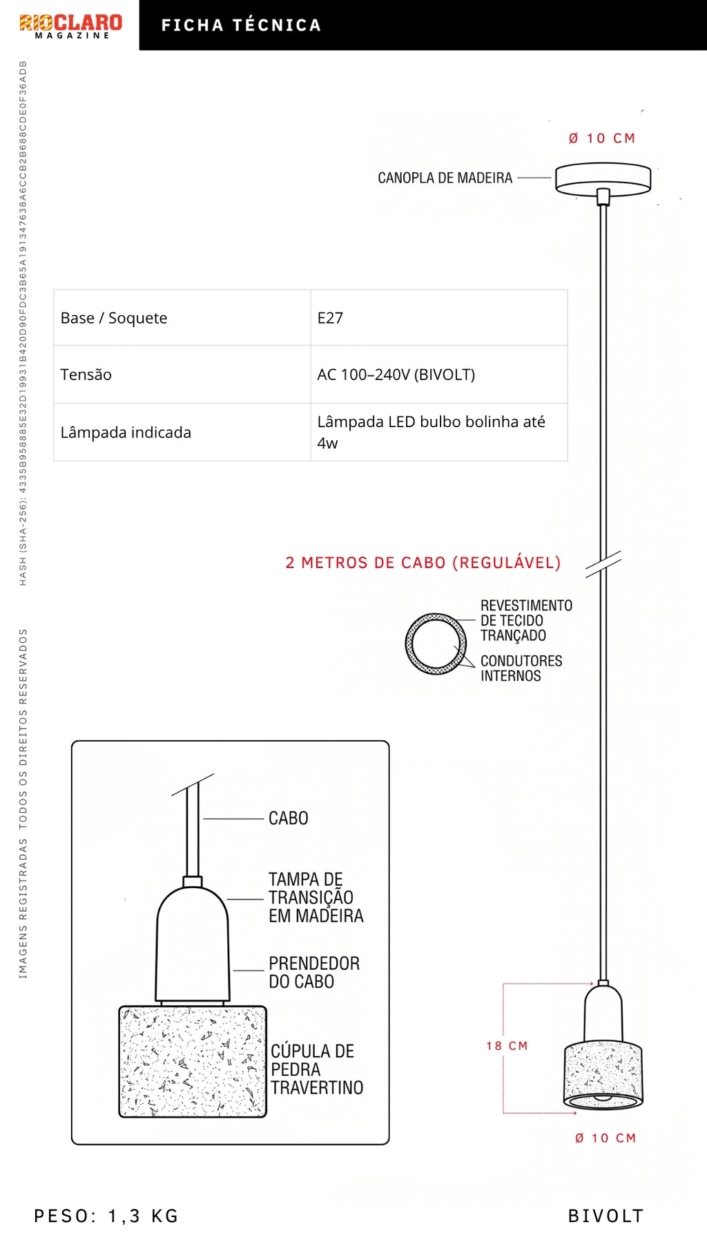 Luminária Pendente Pedra Travertino E Madeira Tívoli Bivolt E27