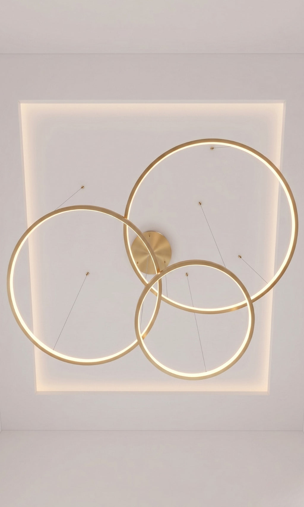 Lustre Pendente LED 3 Anéis Dourado Pé Direito Duplo 112w
