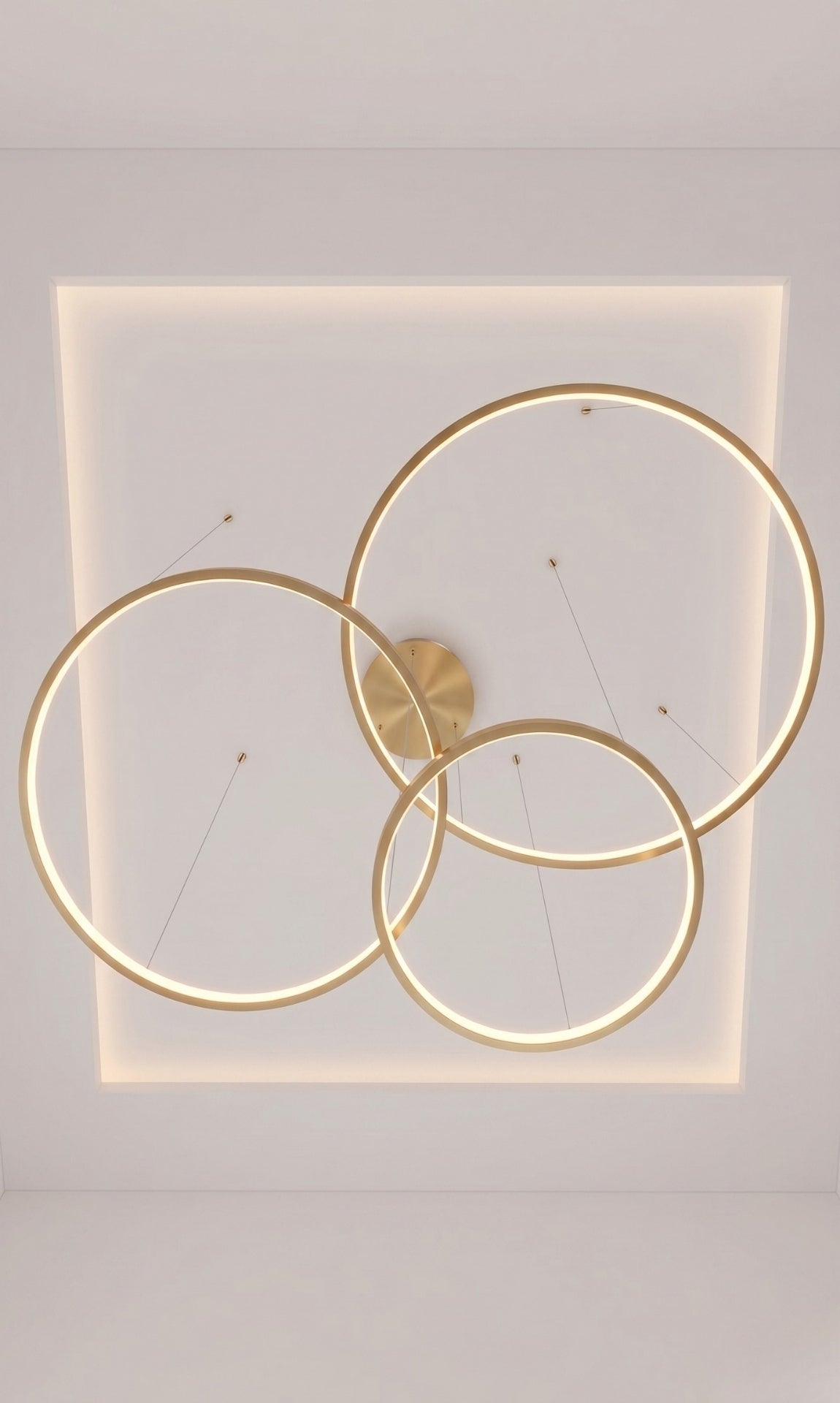 Lustre Pendente LED 3 Anéis Dourado Pé Direito Duplo 112w