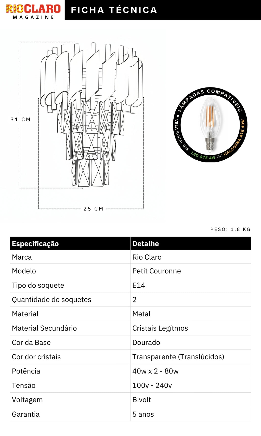 Arandela De Parede Cristal Legítimo Dourada Petit Couronne