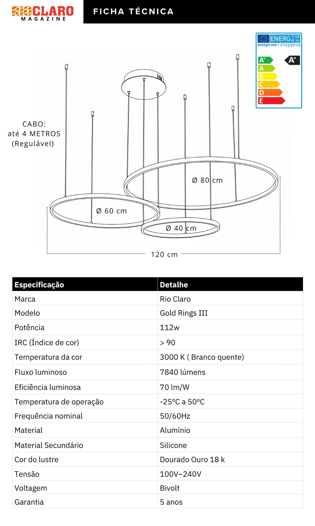 Lustre Pendente LED 3 Anéis Dourado Pé Direito Duplo 112w