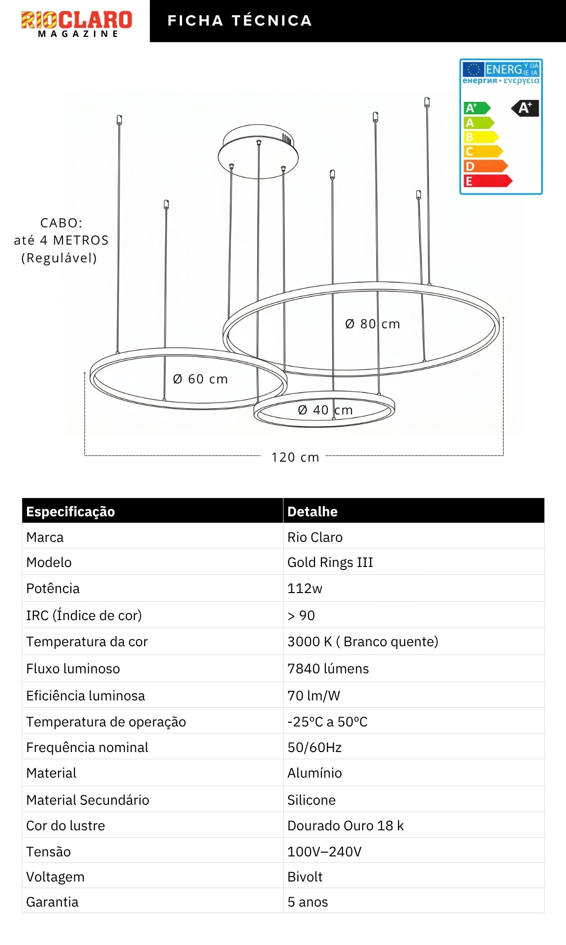 Lustre Pendente LED 3 Anéis Dourado Pé Direito Duplo 112w