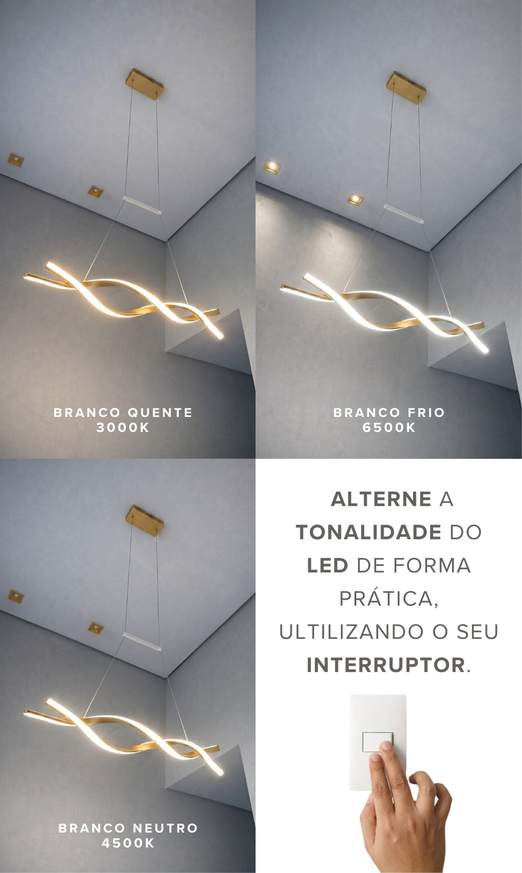 Lustre Pendente Led Dourado Ondas Dna 44w 3 Cores Bivolt