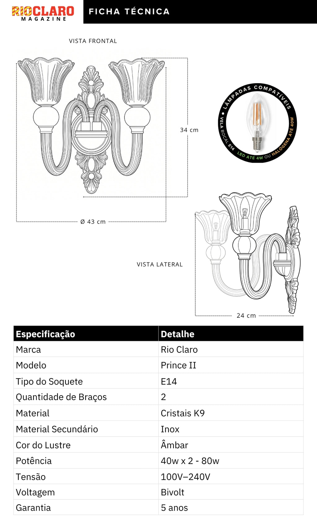 Arandela De Parede Cristal K9 Âmbar Prince II Candelabro 2 Braços
