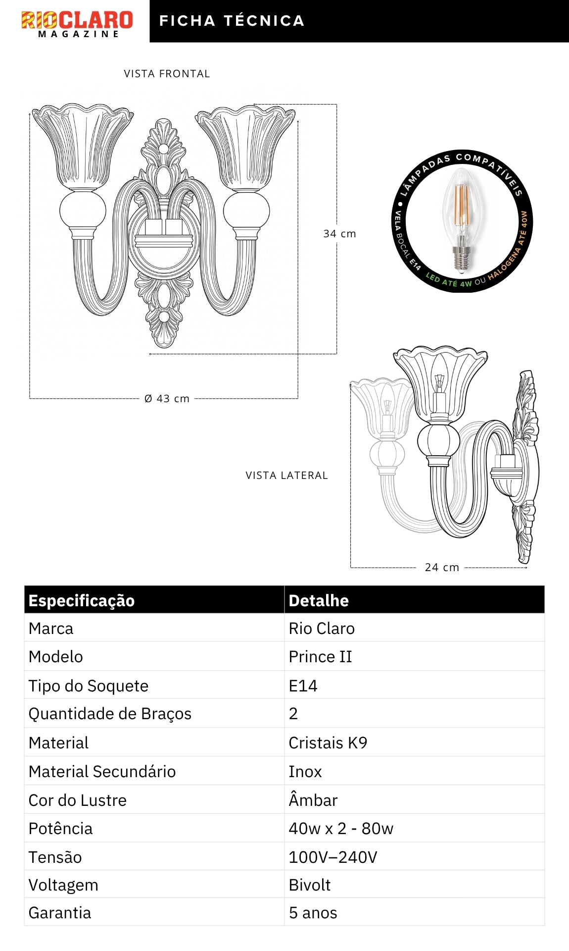 Arandela De Parede Cristal K9 Âmbar Prince II Candelabro 2 Braços