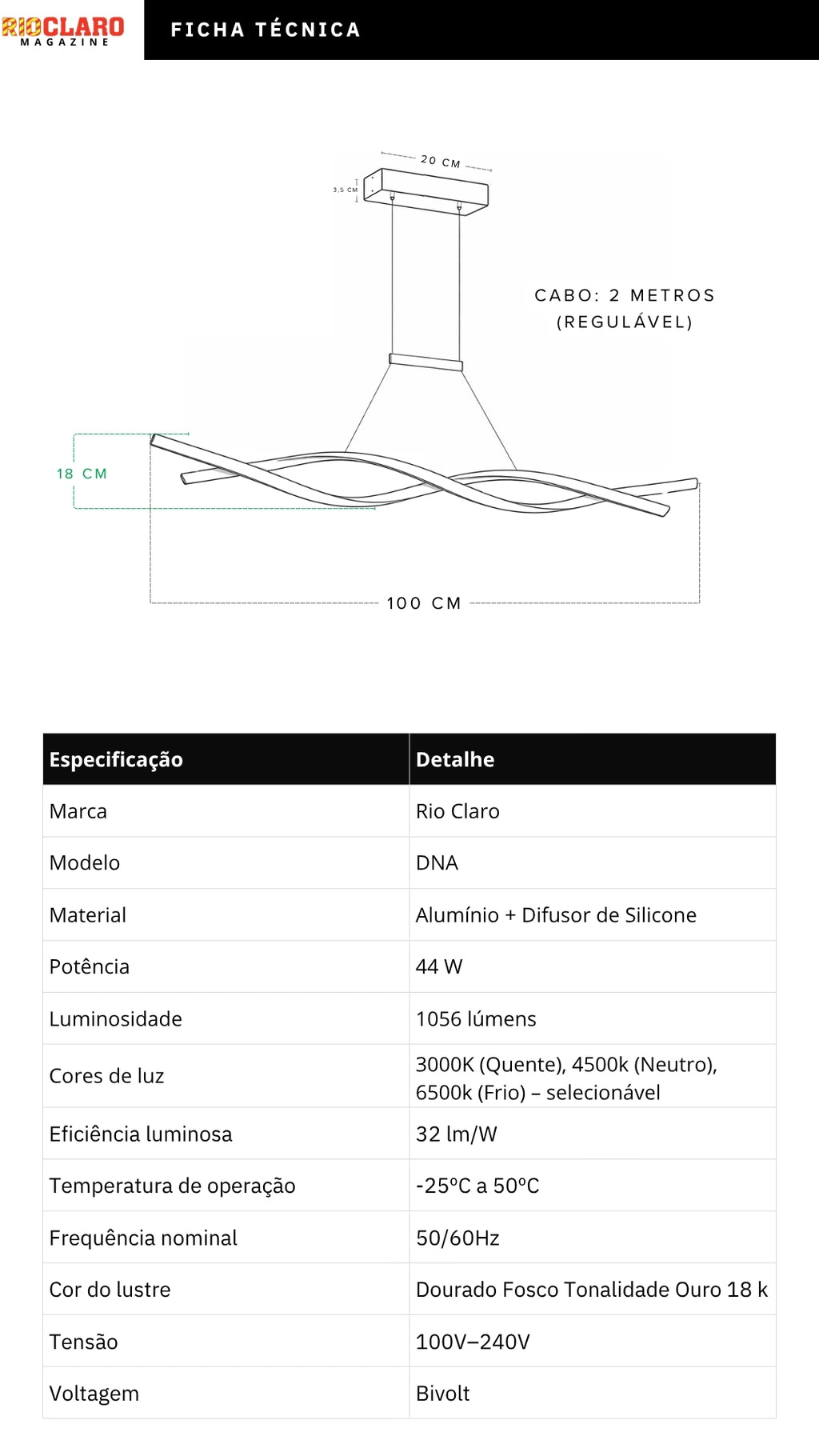 Lustre Pendente Led Dourado Ondas Dna 44w 3 Cores Bivolt