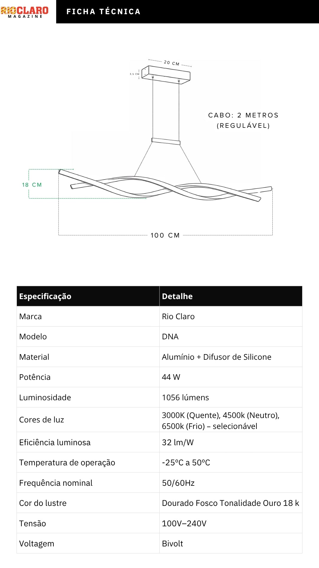 Lustre Pendente Led Dourado Ondas Dna 44w 3 Cores Bivolt