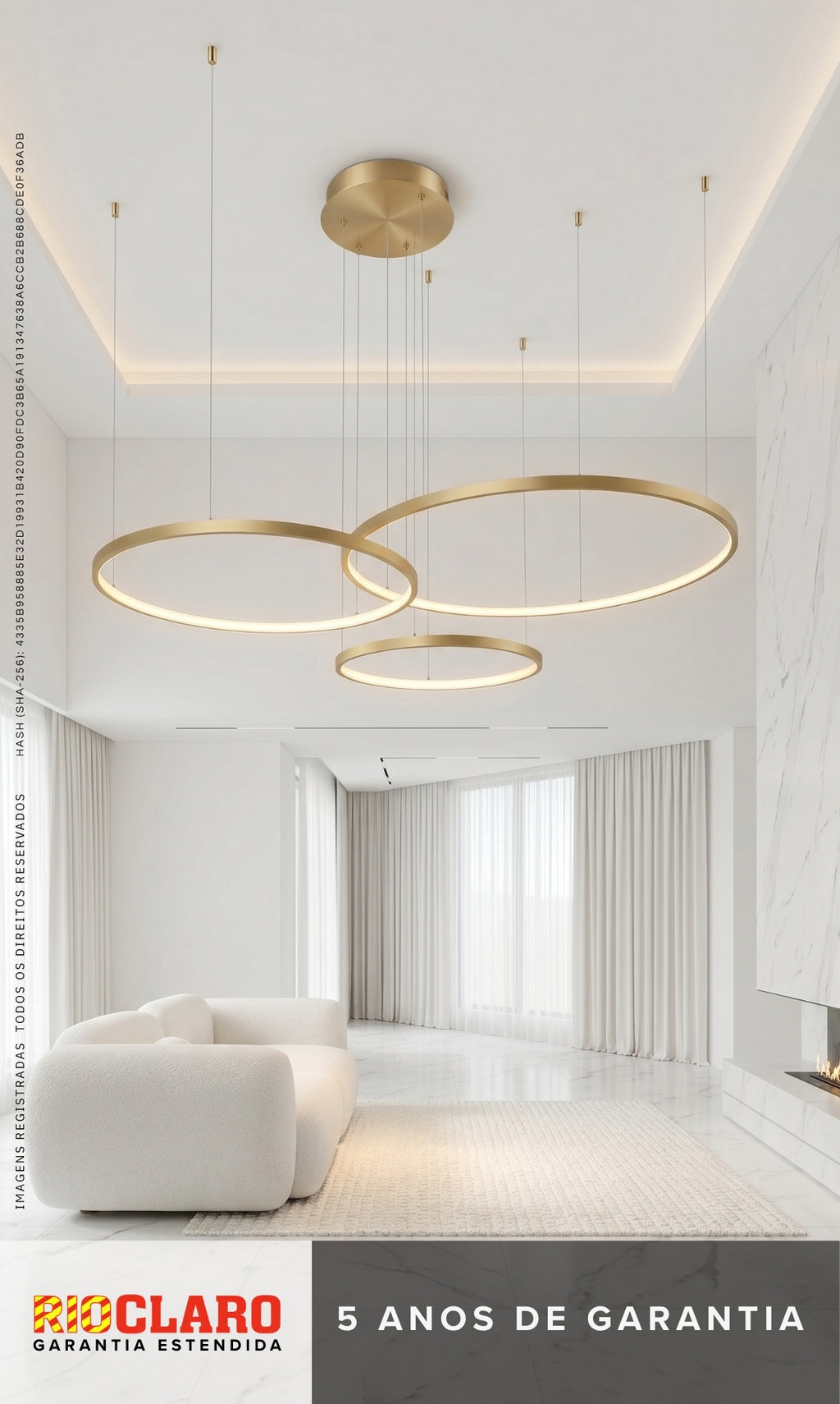 Lustre Pendente LED 3 Anéis Dourado Pé Direito Duplo 112w