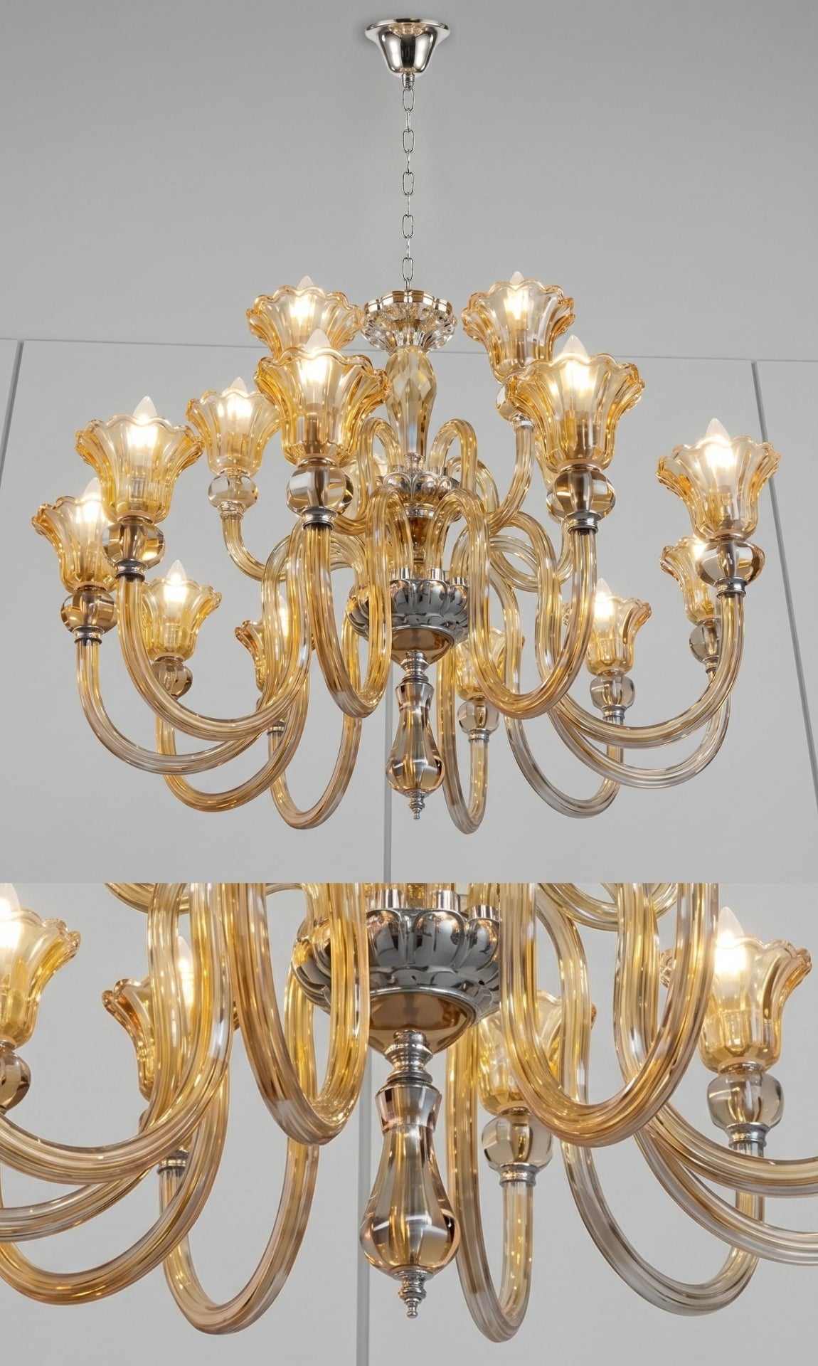 Lustre Candelabro De Cristal Luxuoso Ambar Com 15 Braços