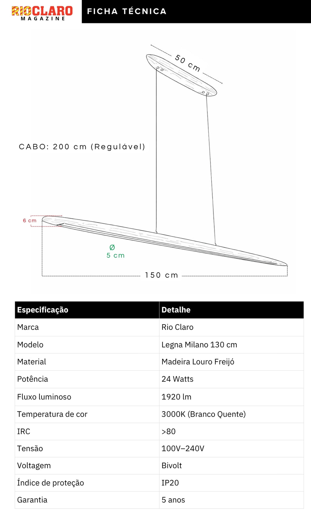 Pendente Linear Madeira Louro Freijó 150cm LED 24W Legna Milano Gourmet Bancada
