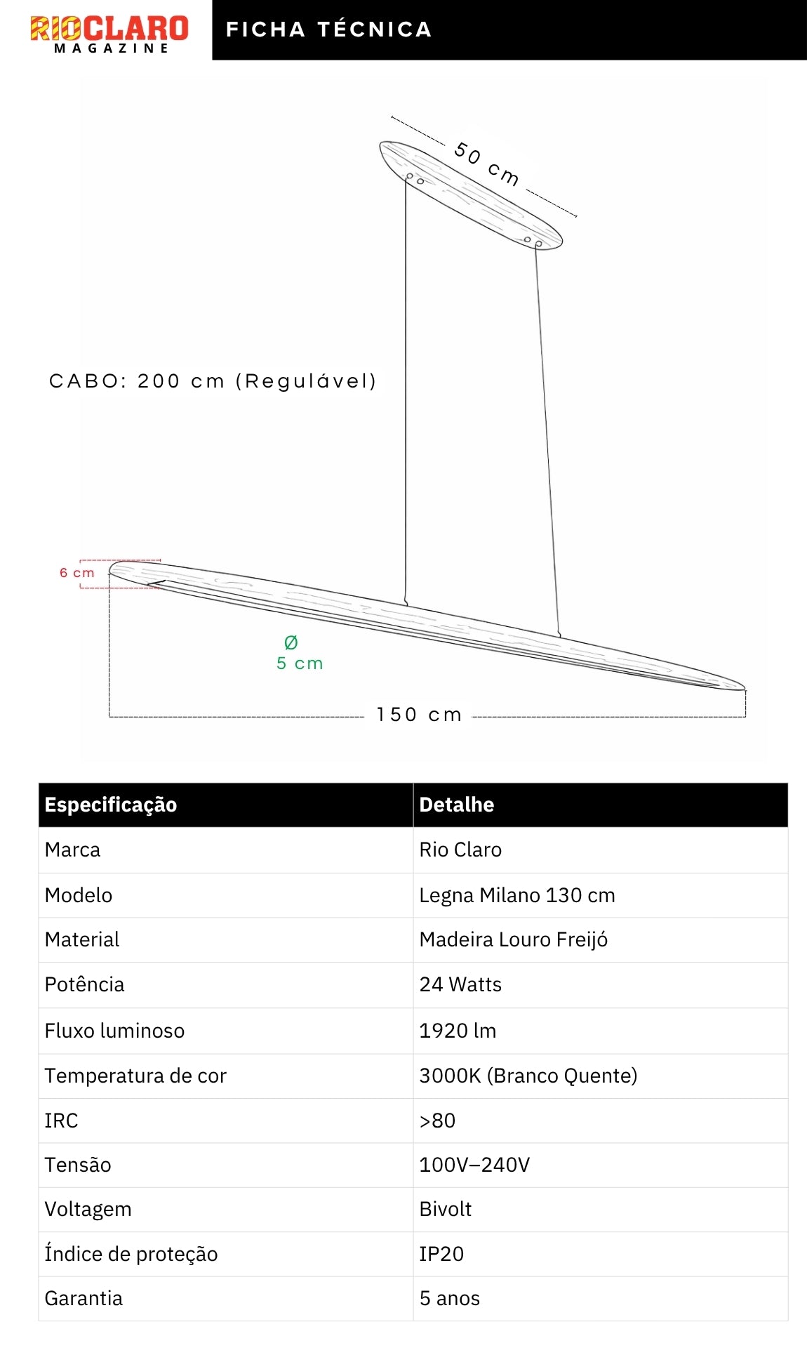 Pendente Linear Madeira Louro Freijó 150cm LED 24W Legna Milano Gourmet Bancada