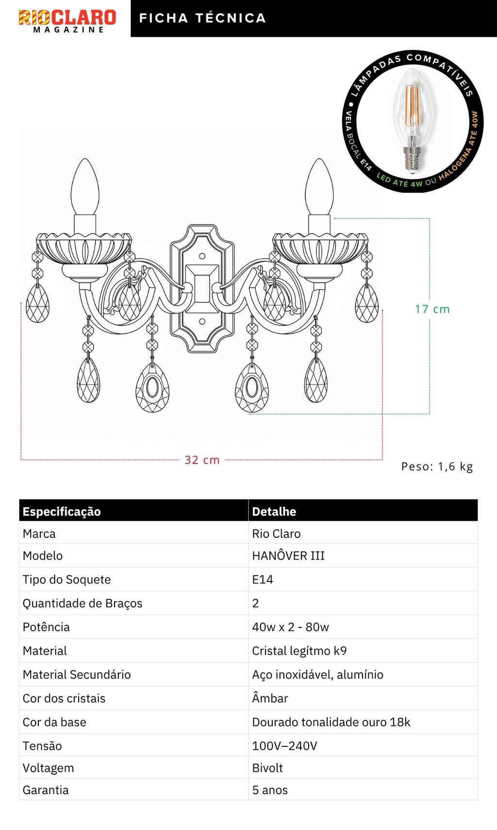 Arandela De Parede Cristal K9 Âmbar Hanôver III Candelabro 2 Braços