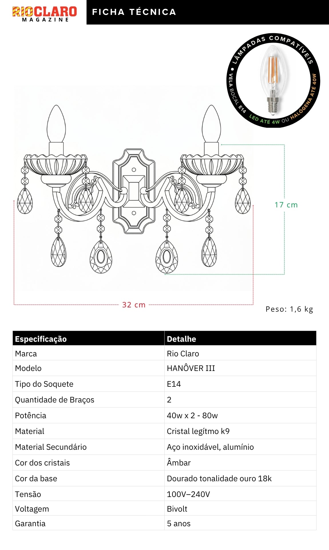 Arandela De Parede Cristal K9 Âmbar Hanôver III Candelabro 2 Braços