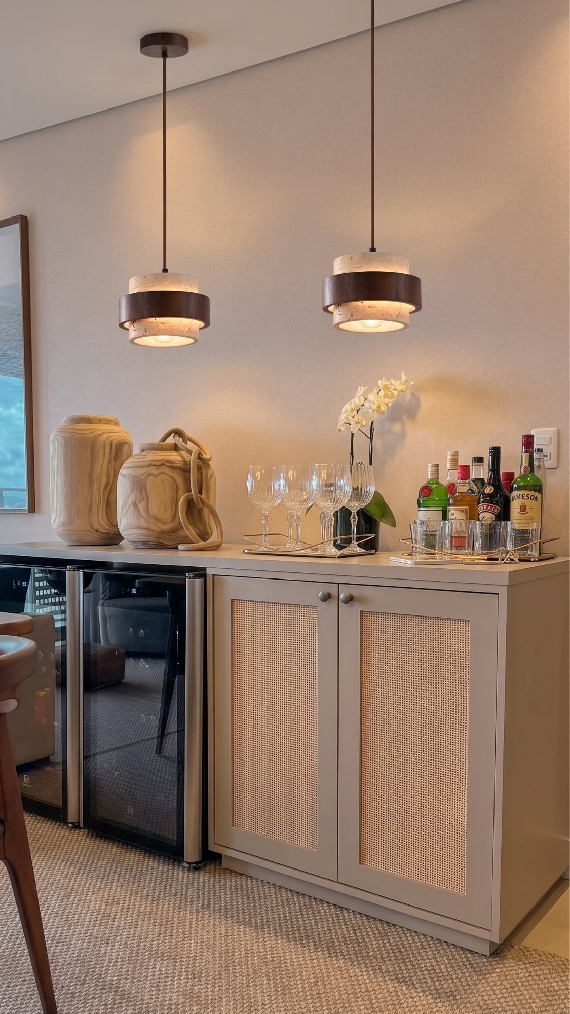 Pendente Pedra Travertino E Madeira Tívoli N2 E27 Bivolt