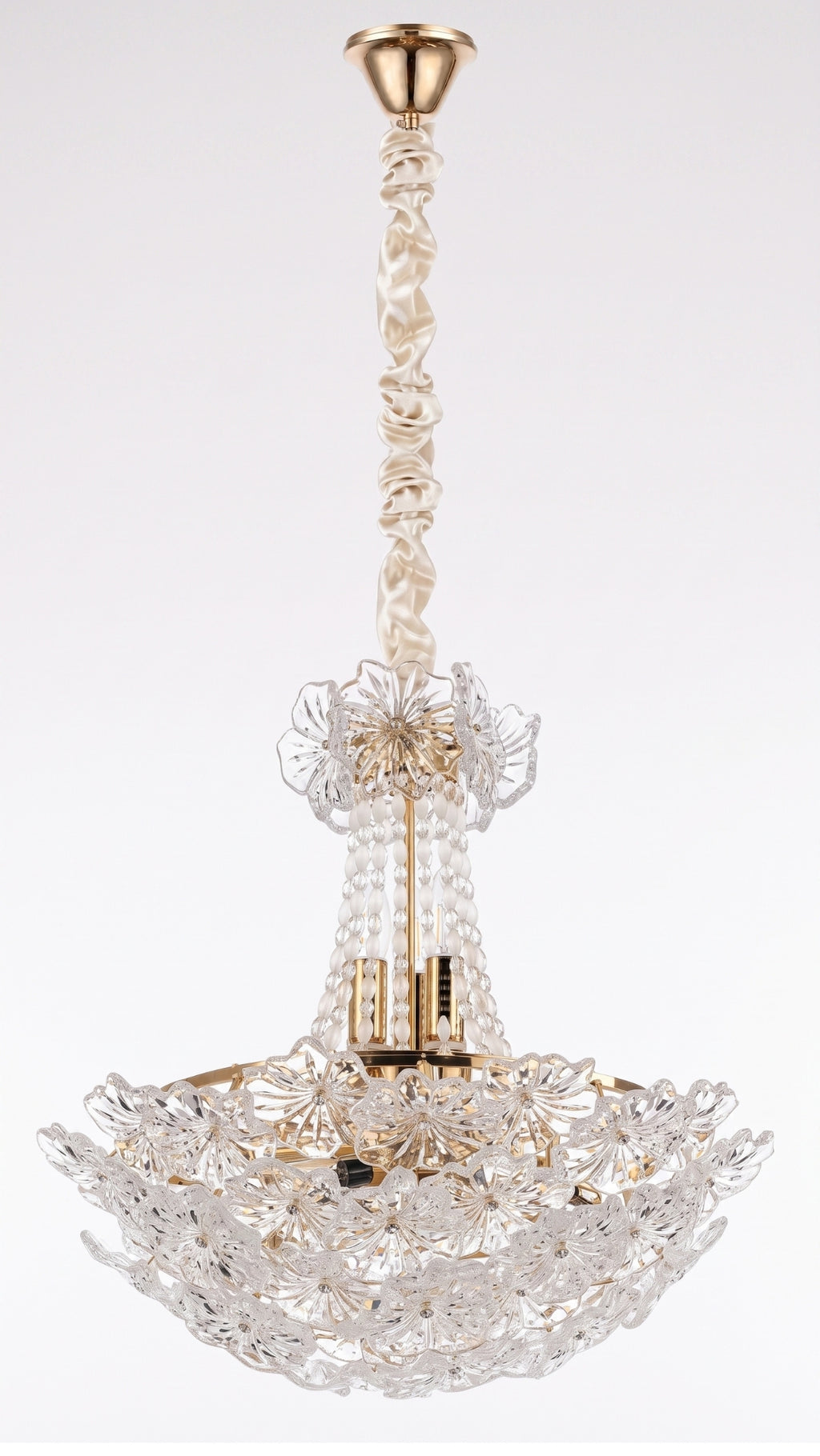 Lustre Imperial Flores de Vidro Estrutura Dourada